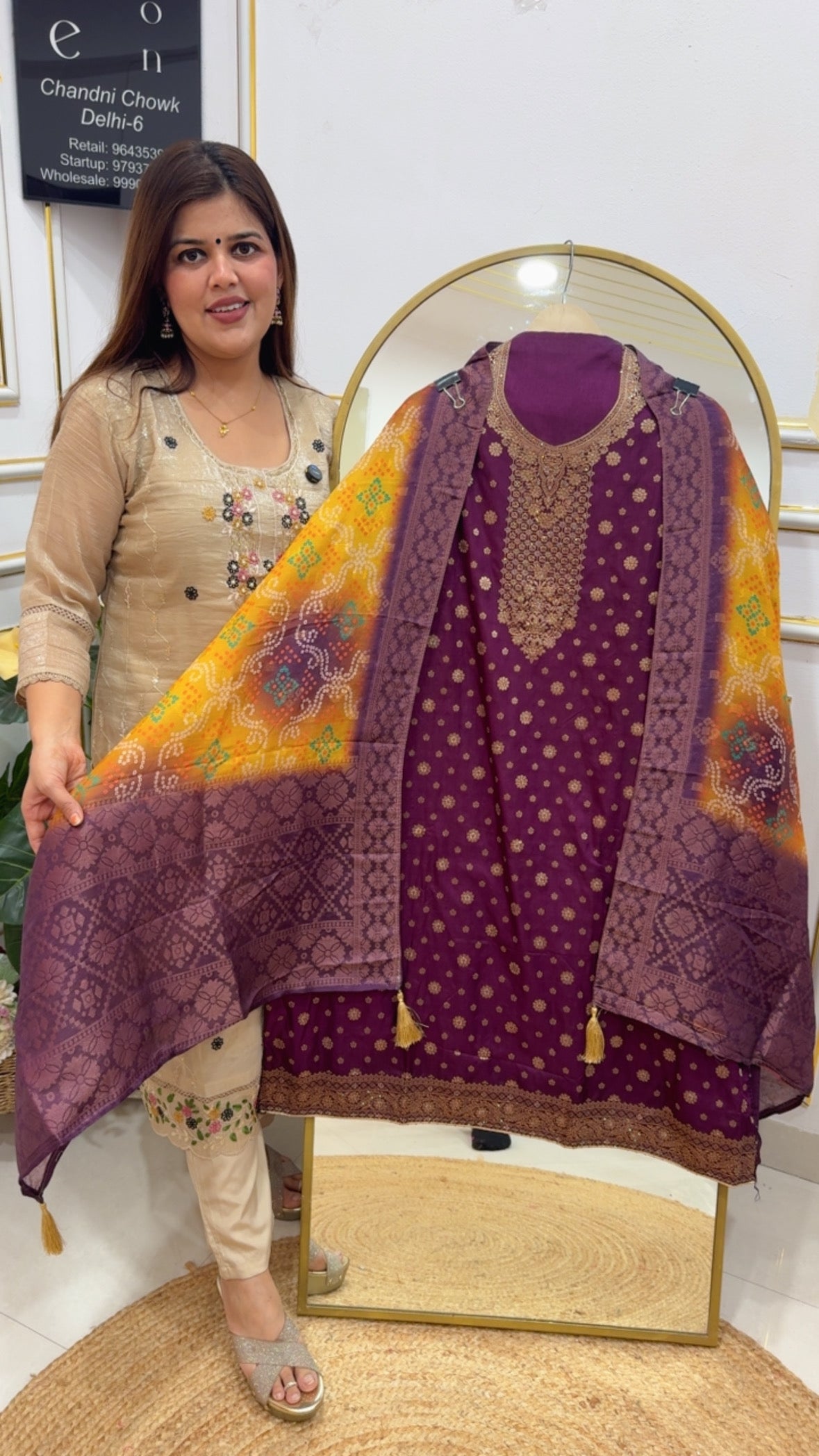 Grace fashion Everyday partywear Special super soft weaved silk suit material premium detailing with swaroski work all over shirt neck along with full length embroidery dupatta Bandani printed dupatta GF769