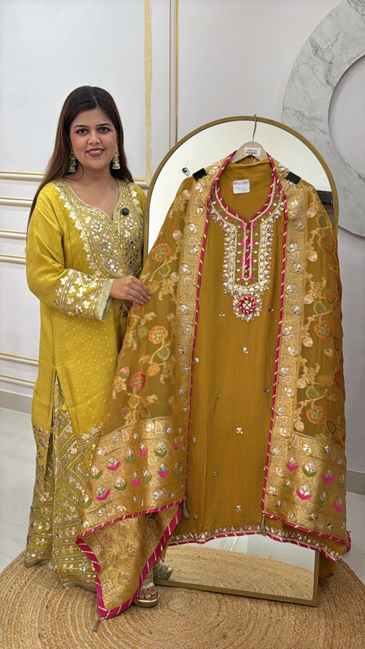 latest partywear manual gota work suit material along with fully weaved tissue dupatta with allover work detailing GF480