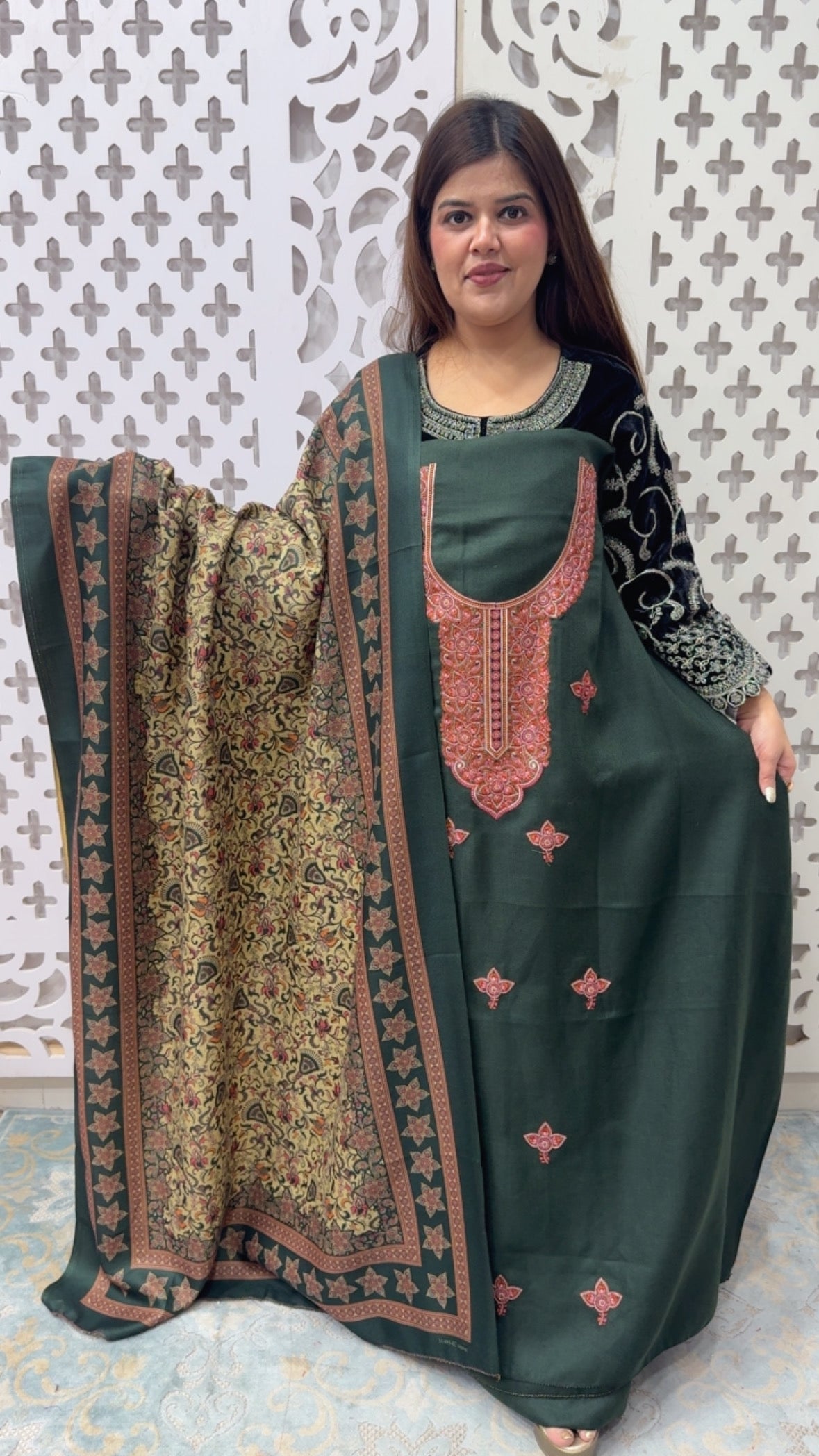 Winter special Kashmiri embroidery pure and warm pashmina suit material along with Kani printed unique pashmina shawls GF849