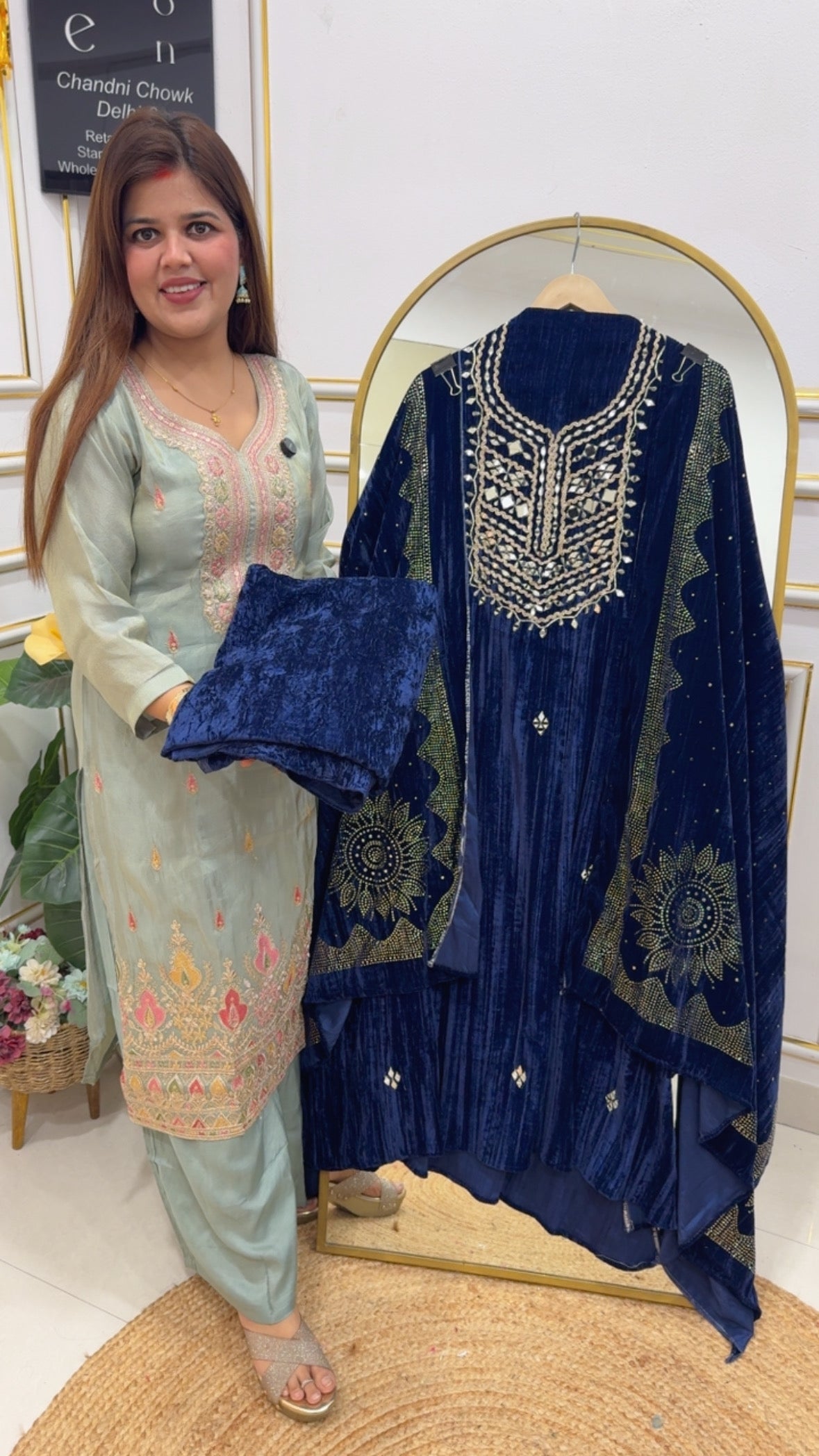 Premium and huge demanded pure 9000 grade velvet suit material with mirror handwork embellishment along with premium crushed velvet all over Mukesh work dupatta with premium quality bottom material GF770