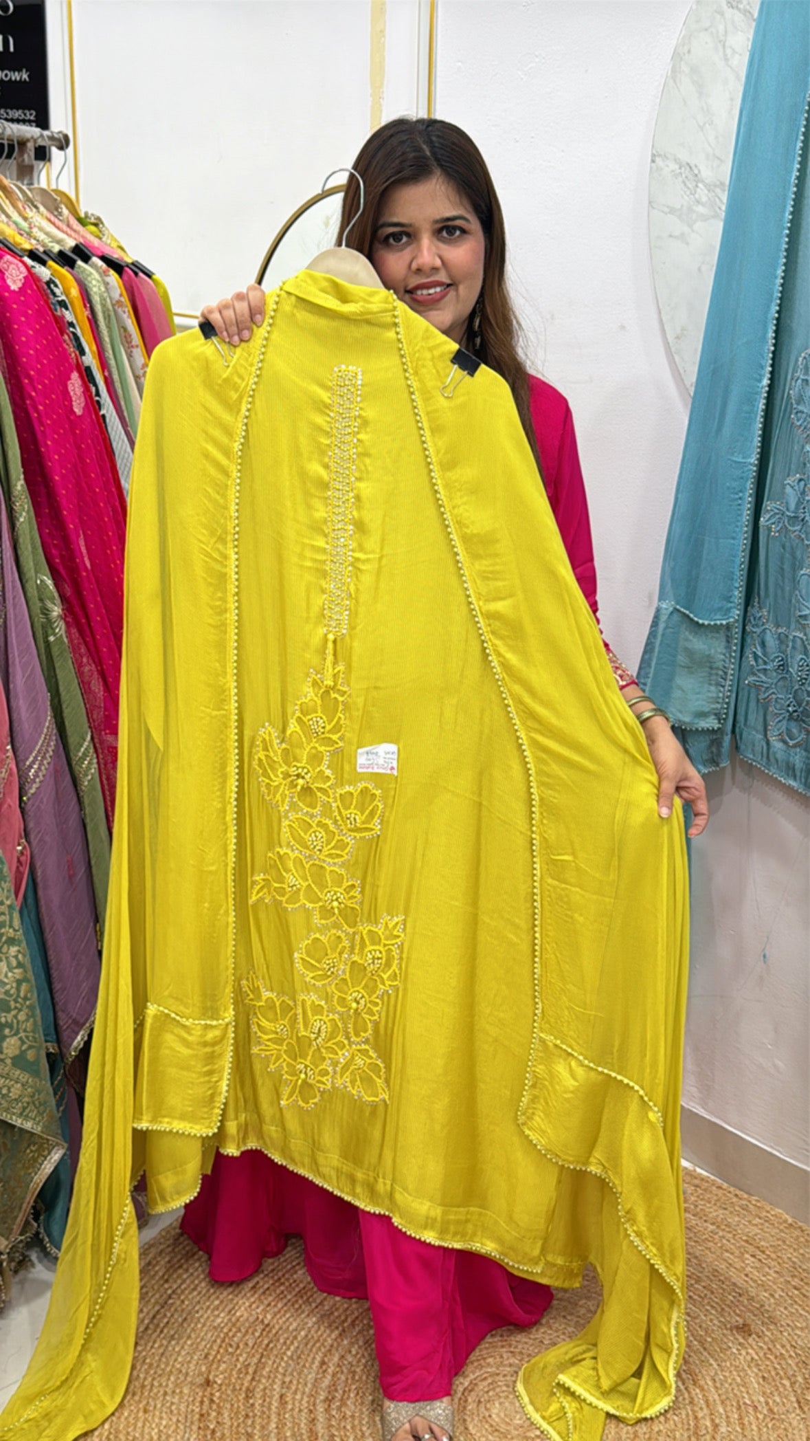 Royal pure burberry silk suit material along with designer 3d pearl handwork detailing with pure chiffon designer dupatta GF559