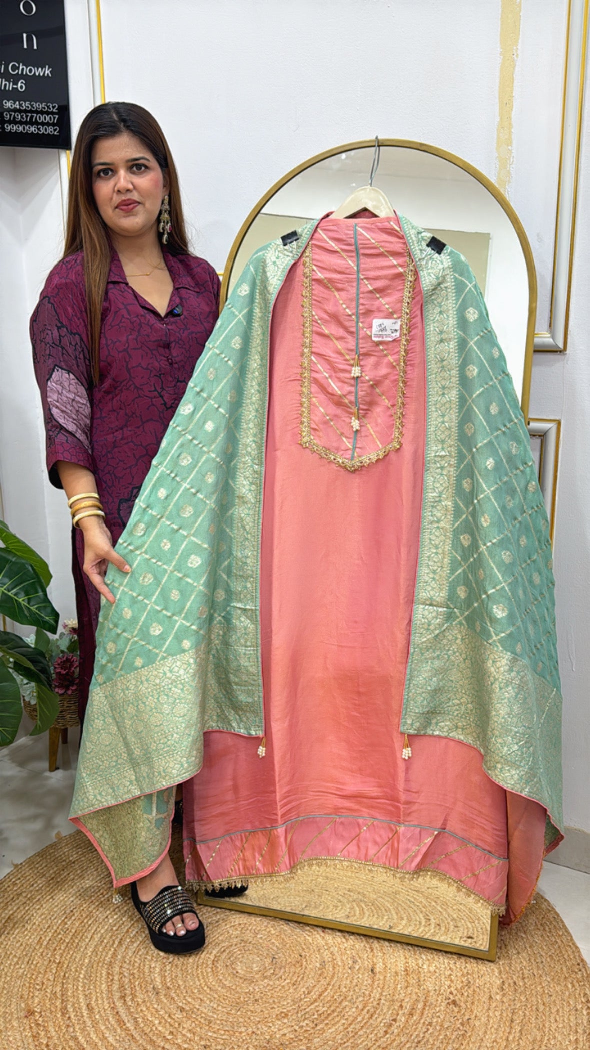 Festival gifting special pure silk shirt with gota neck work along full banarasi weaved dupatta GF592