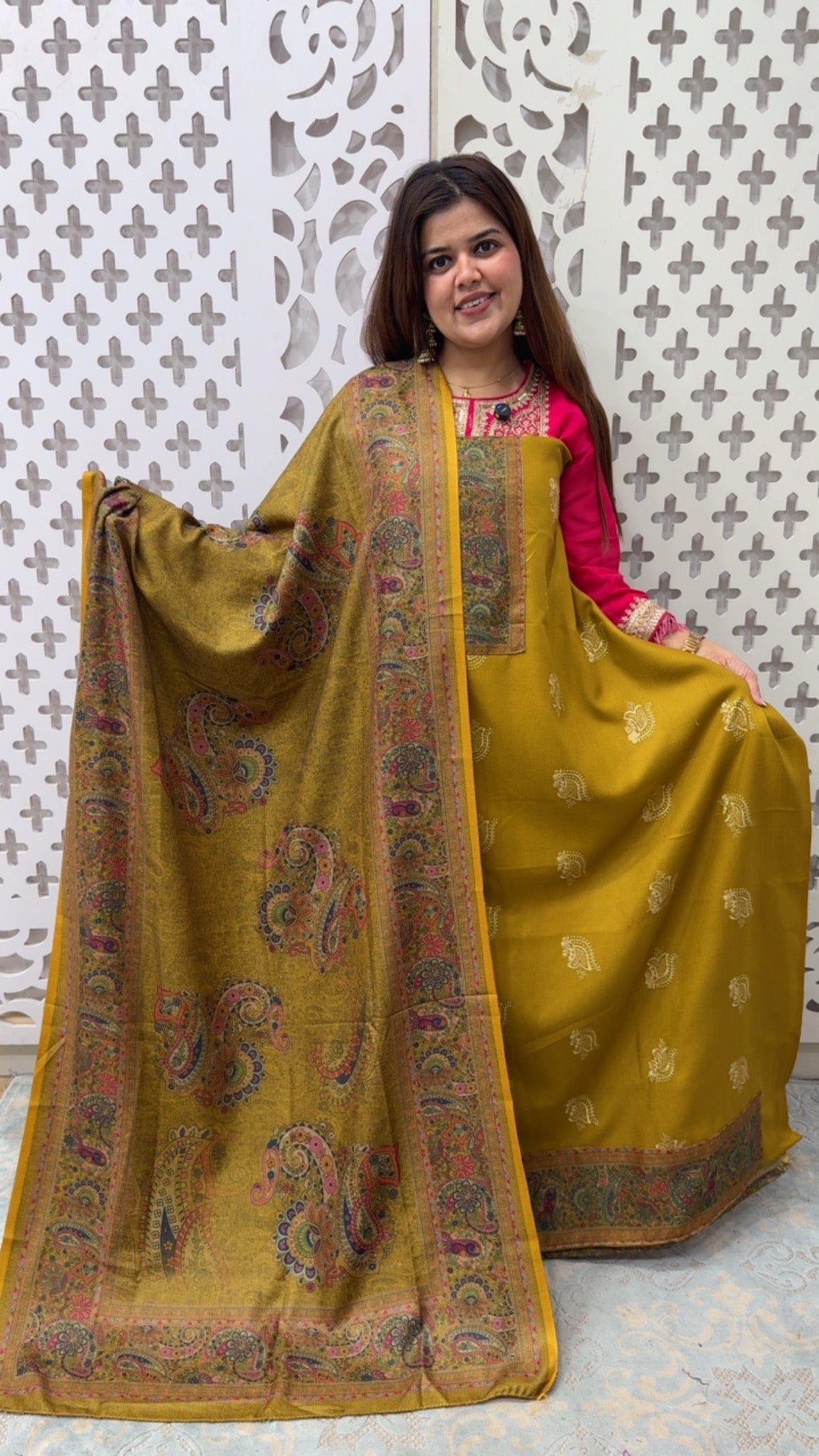 Winter special premium pashmina full embroidery suit materials with designer printed pashmina shawl along with pashmina bottom GF826