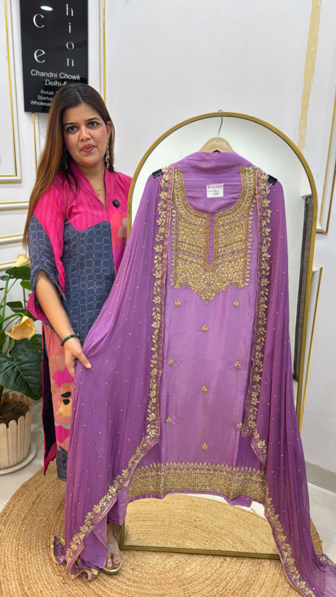 Partywear special designer handwork shimmer silk suit material along with all over handwork designer chiffon dupatta GF581