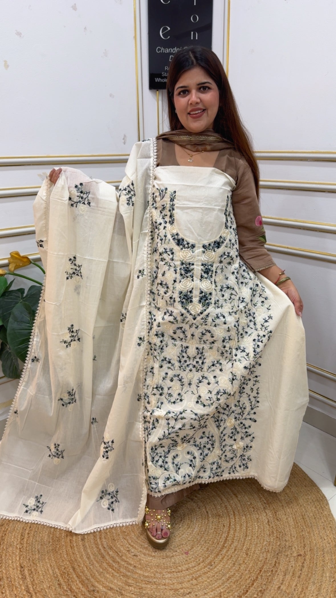 Pure cotton full Persian embroidery work royal and classy suit material along along with pure cotton full embroidered dupatta GF1154 IVORY WHITE WITH BLACK