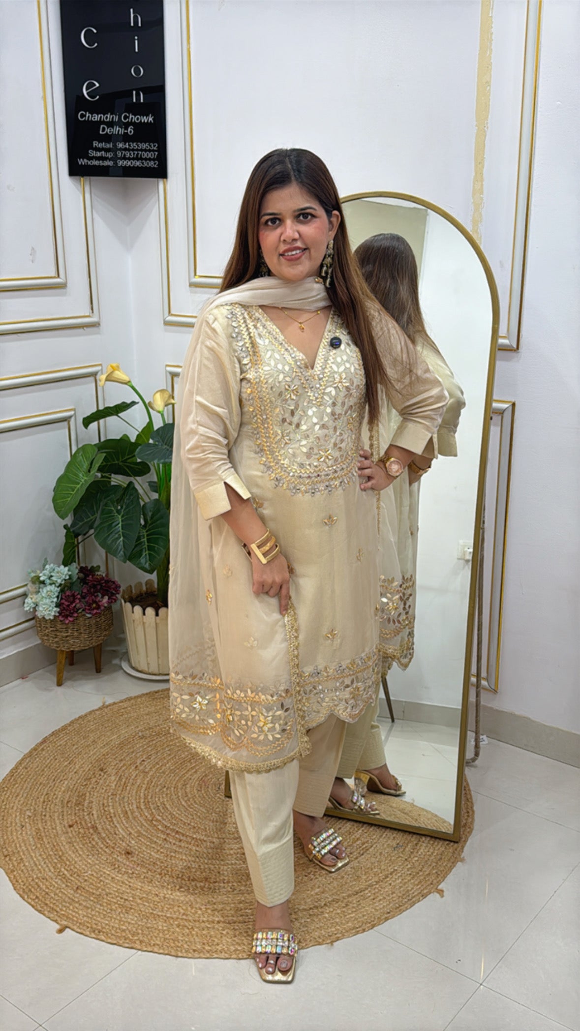 Partywear Shimmer Silk Suit with Full Leather Patch &amp; Gota Detailing and Designer Organza Dupatta GF 540