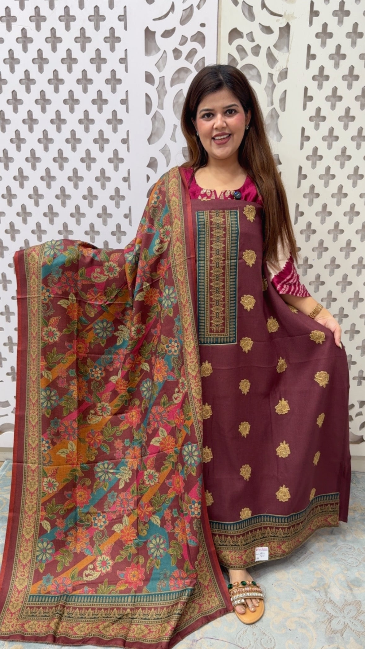 Winter wear pure embroidered pashmina suit material with full weaved dupatta prints best seller pashmina GF853