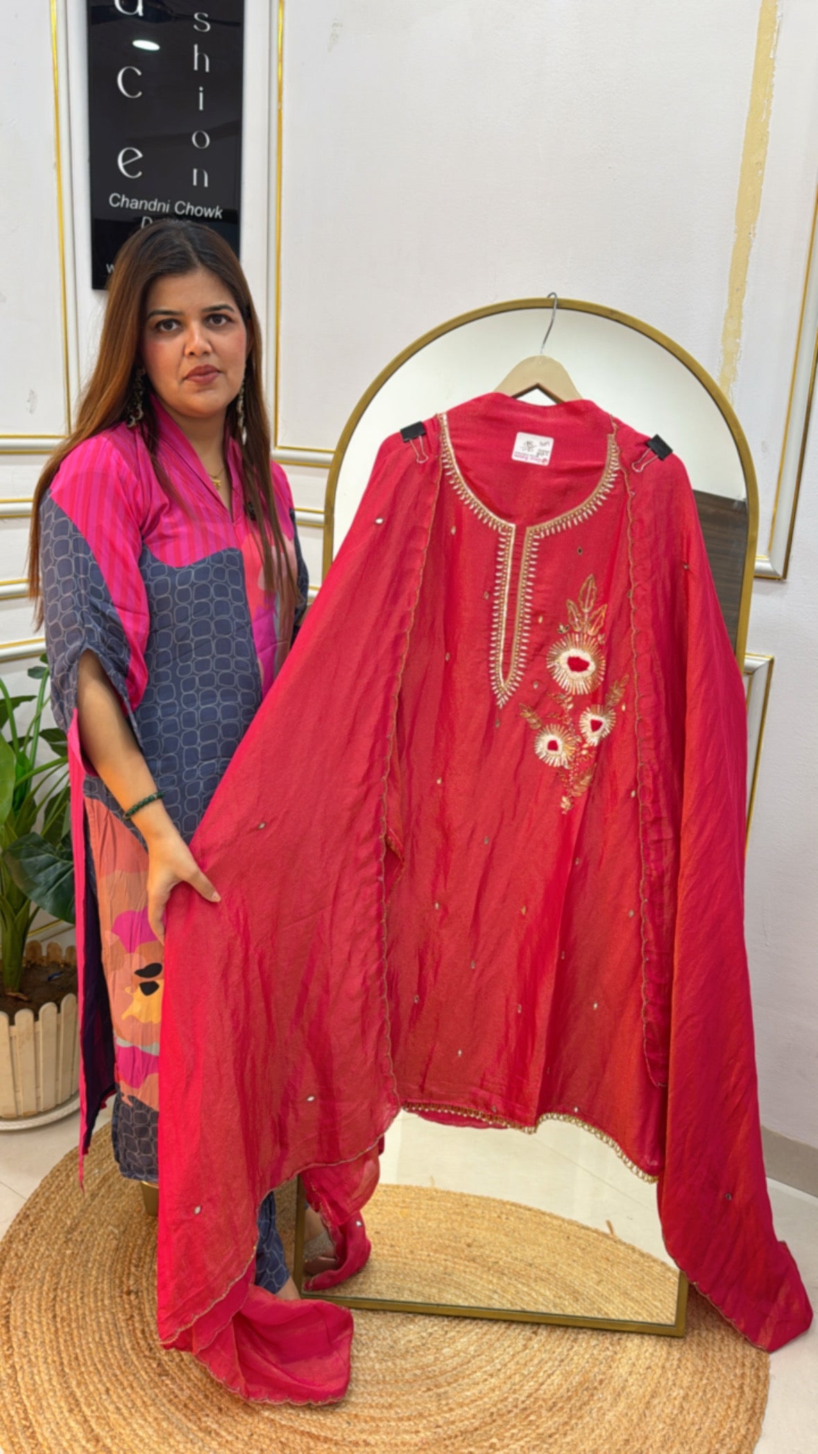 Elegant and designer pure shimmer silk designer handwork suit material along shimmer silk dupatta GF582