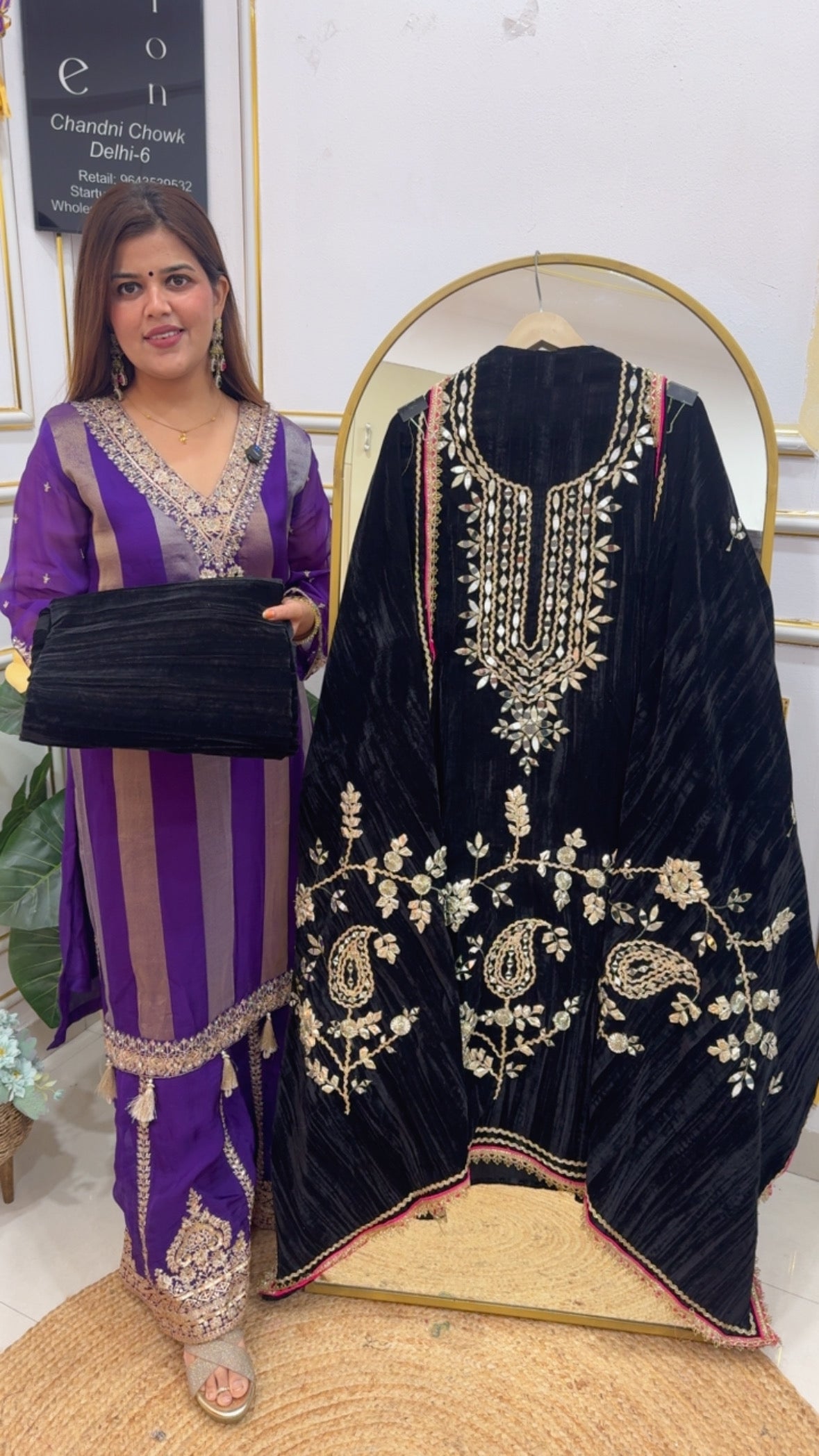 Pure velvet partywear special premium handwork detailing heavy partywear suit material with handwork full length dupatta along with pure velvet bottom GF762