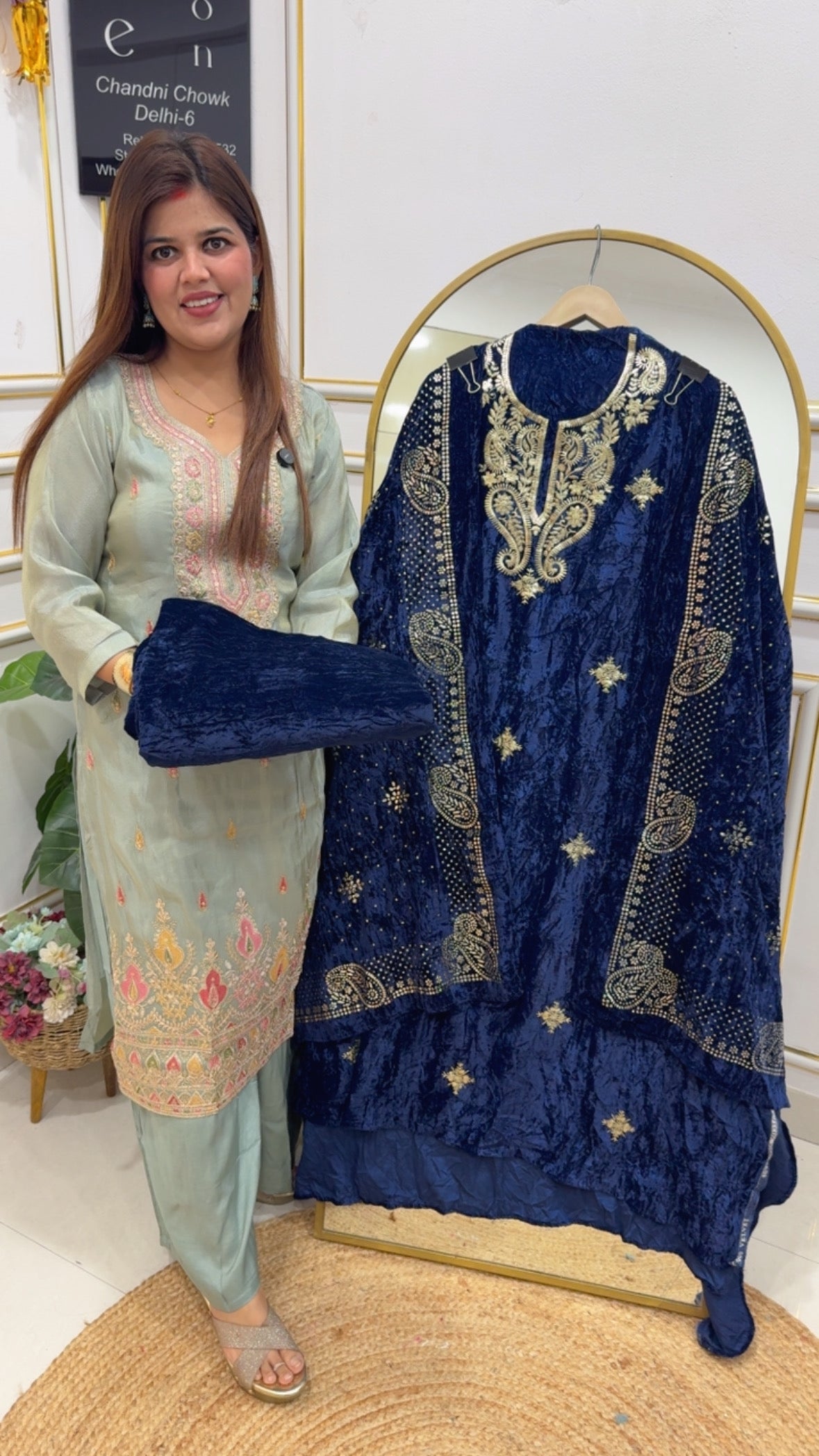 Partywear wear velvet suit material premium detailing of hand peeta  Doris work all over shirt material along with luxury Mukesh work dupatta with premium pure quality velvet bottom GF771