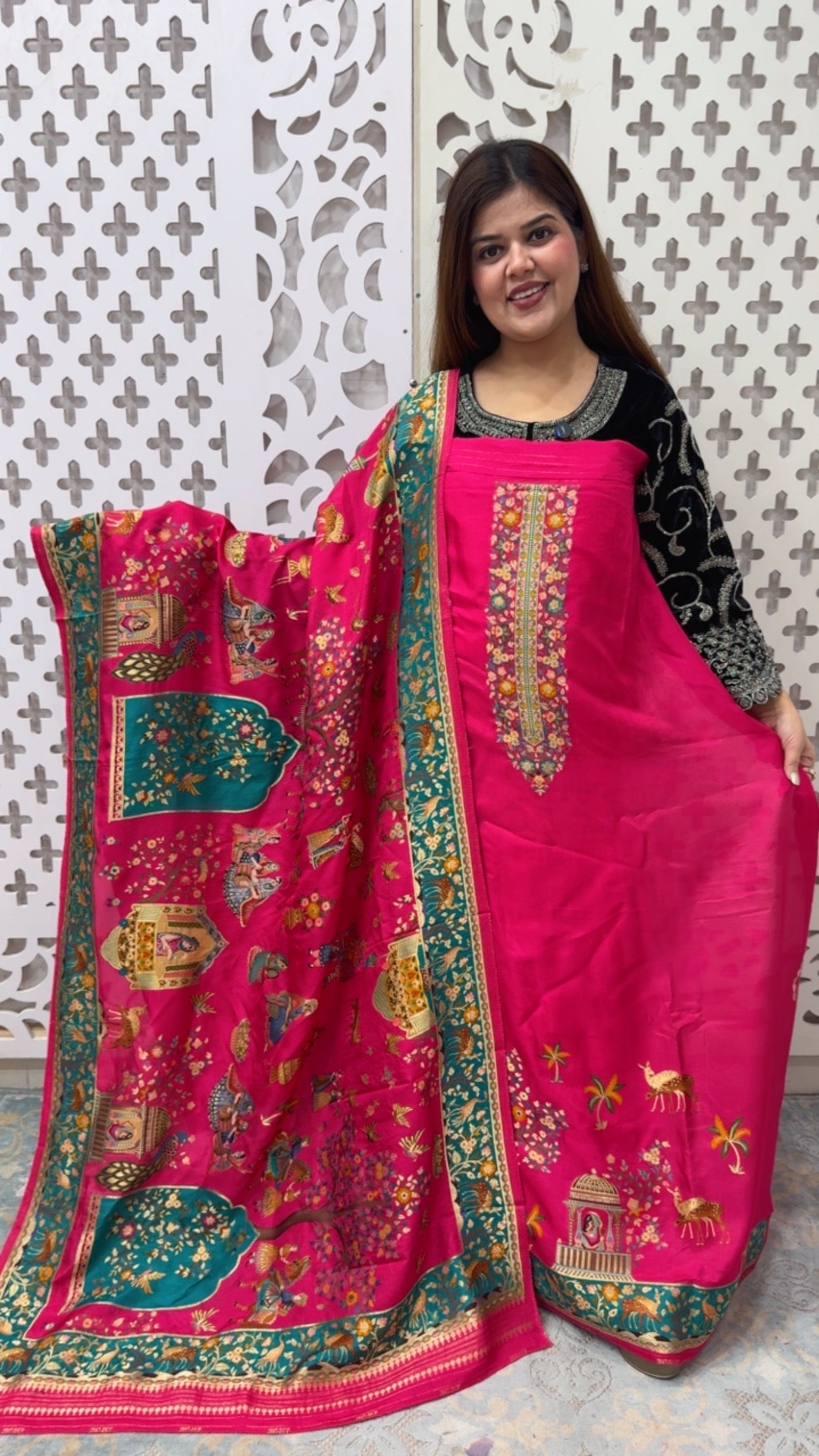 Premium and Royal ultra luxury full weaved raw Russian silk  Pichwai art designer wedding style suit material along with full length weaved dupatta GF847