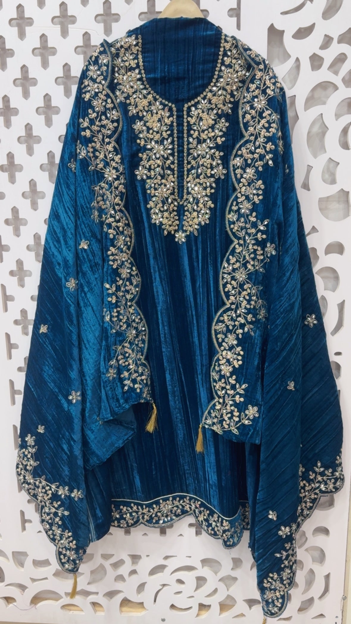 Wedding style pure premium crushed full manual doria and mirror work  velvet partywear suit material with bottom work and full work dupatta GF842