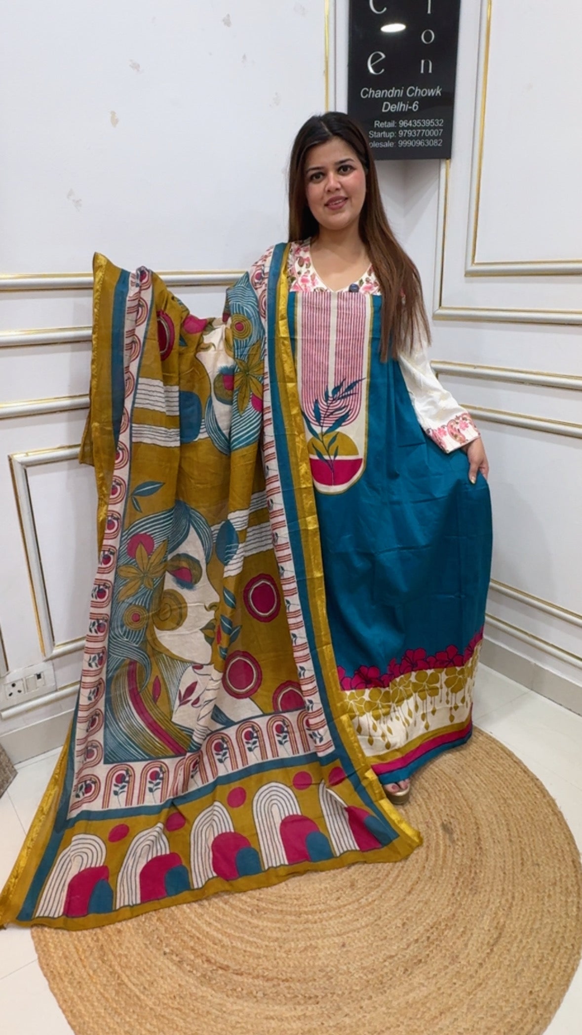 Best seller pure cotton unique front and back printed suit material along with facial printed dupatta along with cotton bottom GF1128 Turquoise Blue