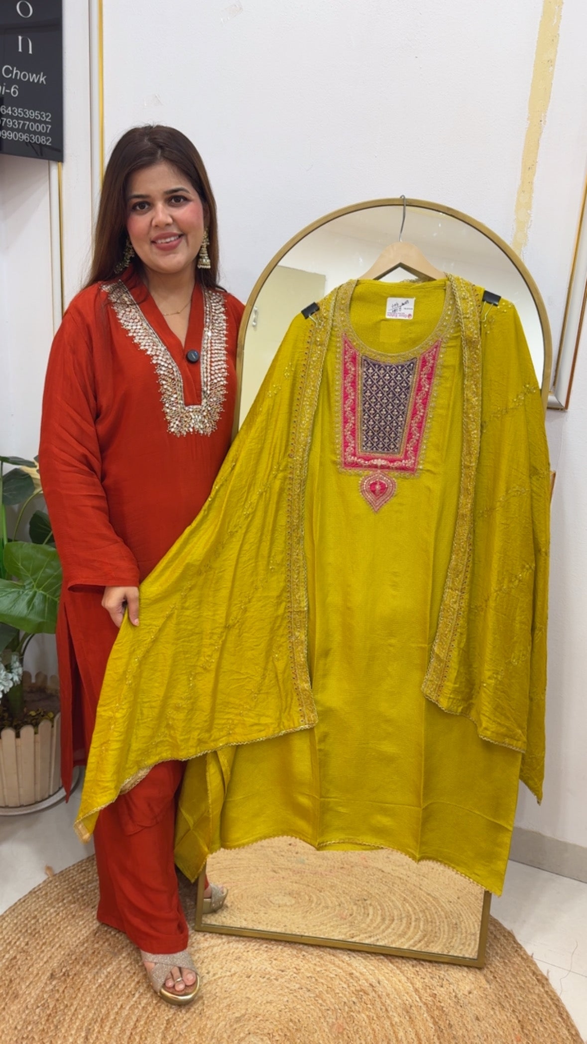 Premium pure partywear special designer neck work shimmer silk suit material  GF697