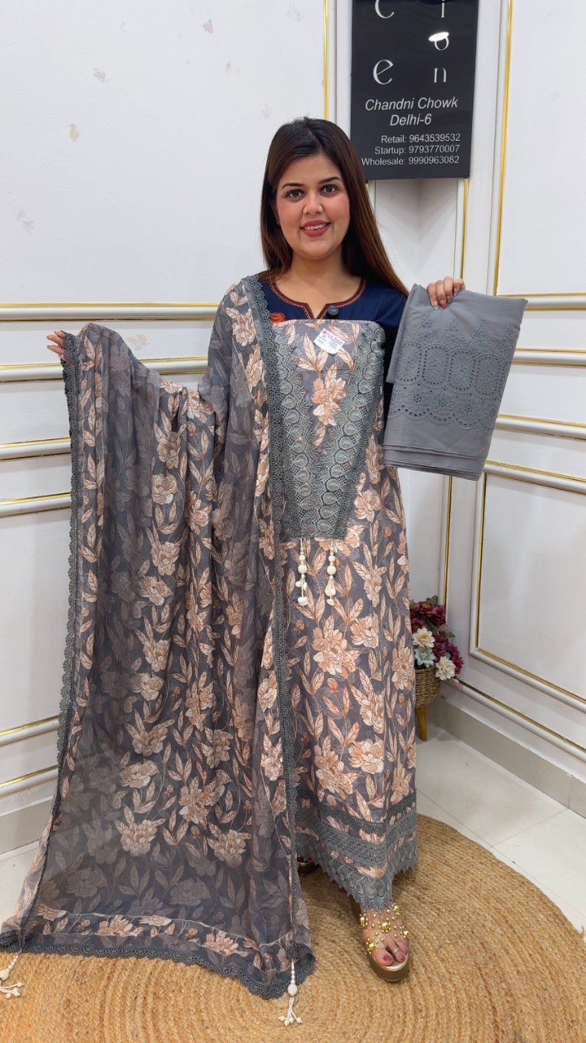 Premium and pure Karachi laces detailing designer pure cotton suit material with digital printed muslin dupatta GF1125 Gray