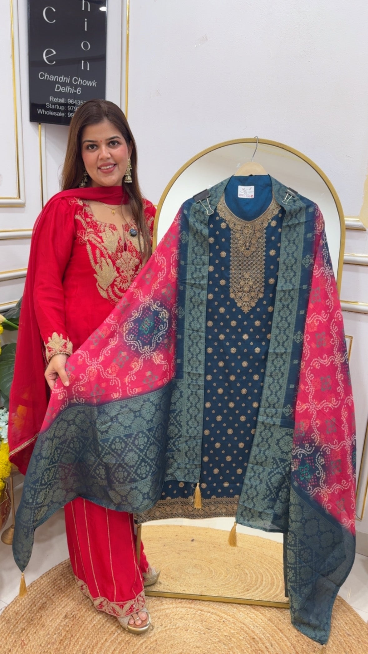 Beautiful weaved silk suit material with full weaved bandhani printed dupatta  GF680