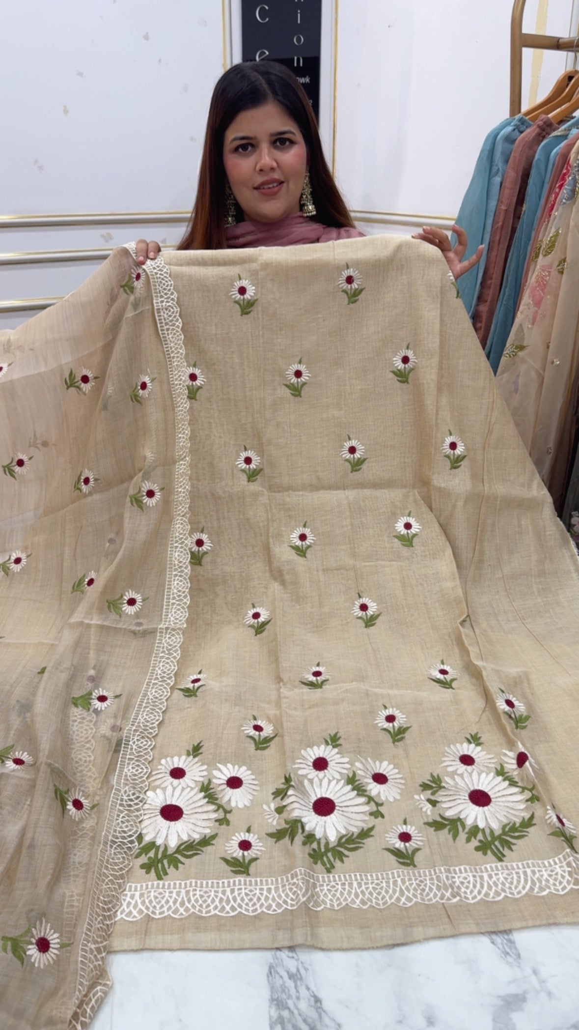 Premium pure Tusser Mul Mul embroidery Pinterest style designer suit material along with Mul Mul tusser premium quality dupatta GF1200 Beige with Red
