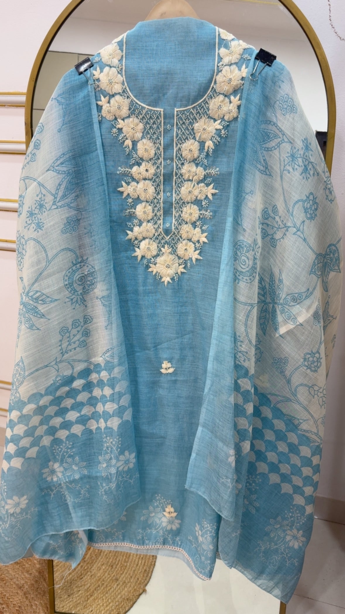 Pure cotton linen summer special hand work detailing over neck along with digital printed pure linen dupatta GF1140 Baby Blue