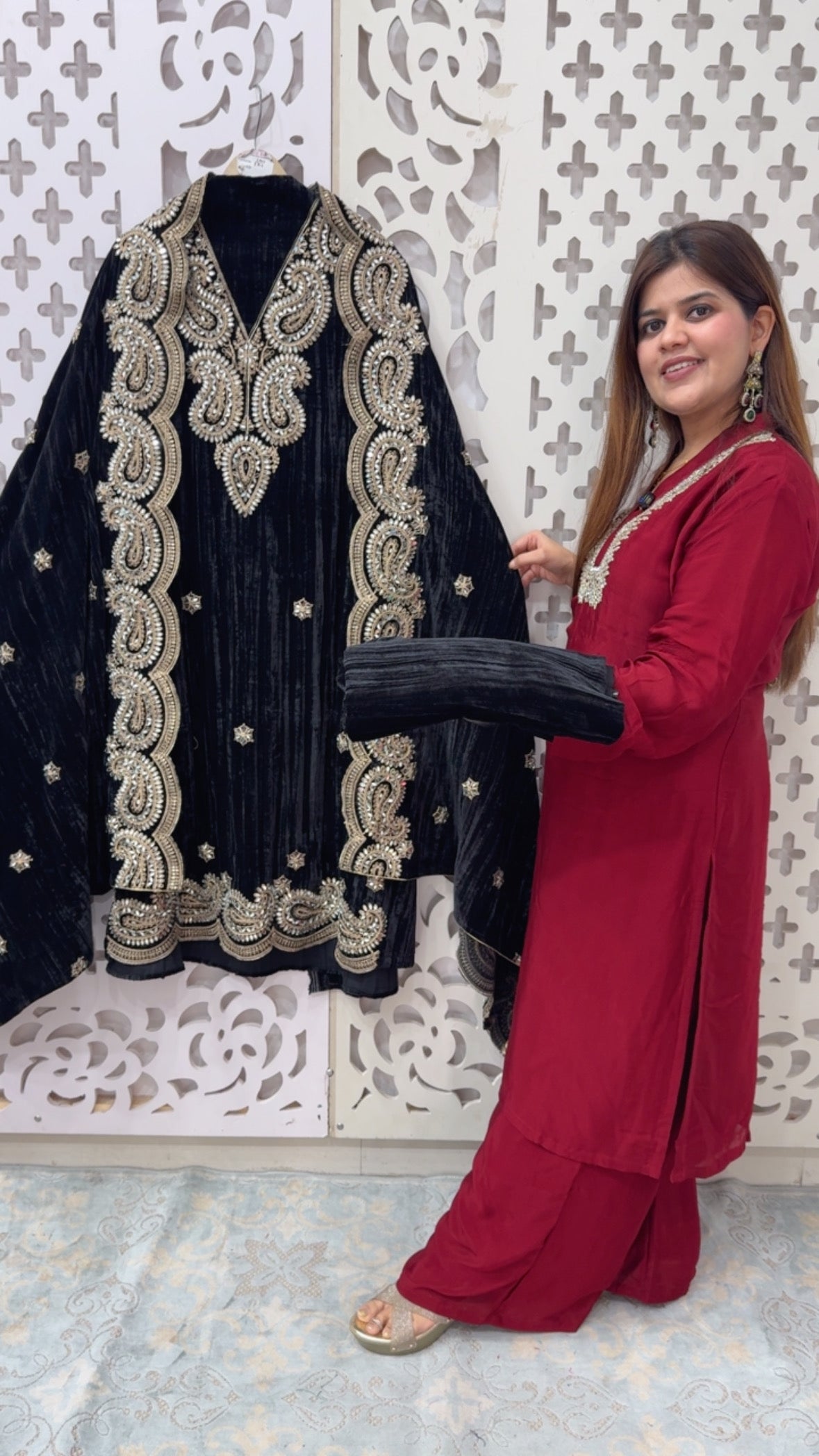Luxury pure mirror handwork crushed velvet partywear suit material with full mirror handwork velvet dupatta along with crushed velvet bottom GF807