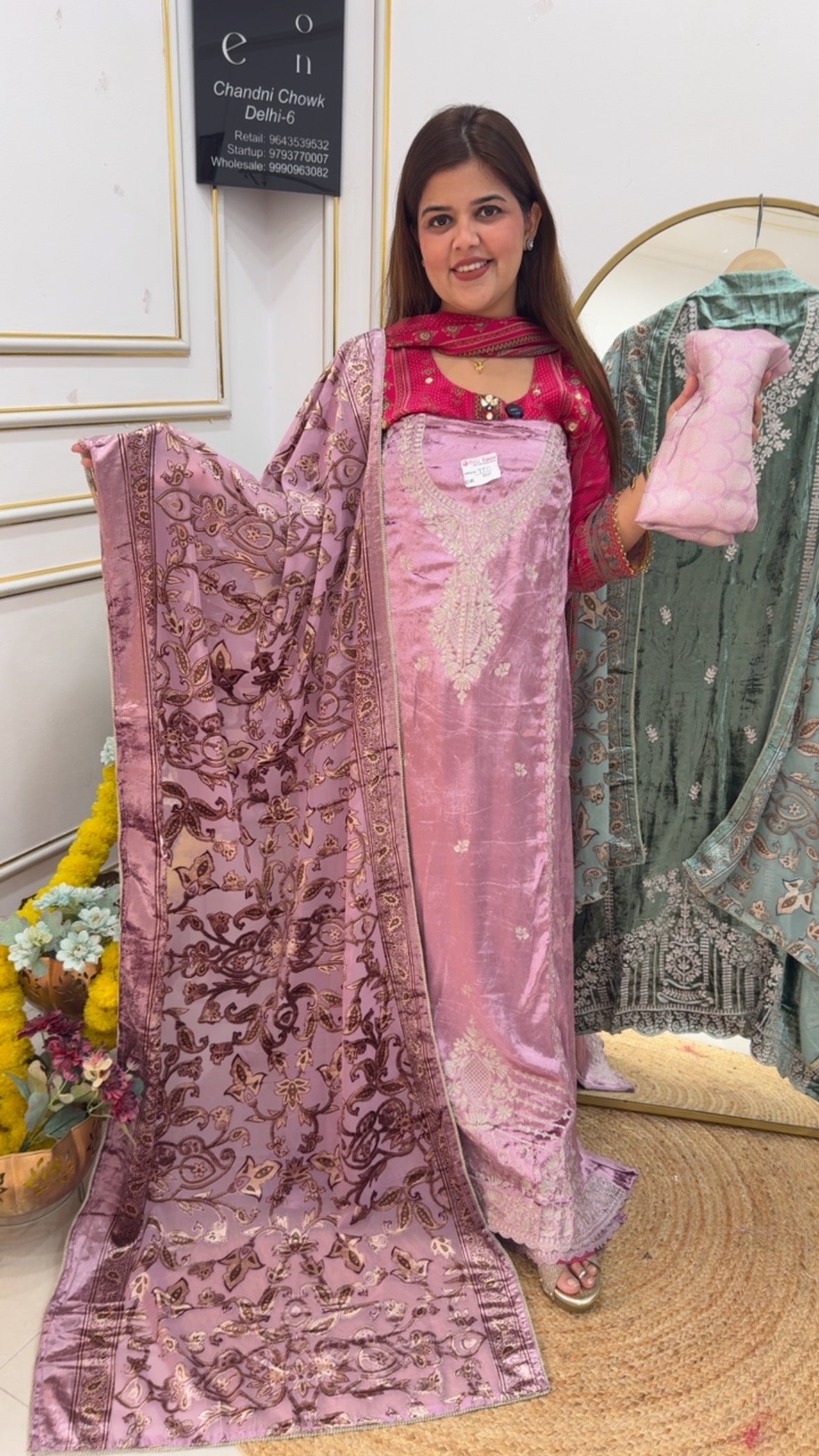 Premium pure designer velvet suit material with brocket dupatta along with brocket silk bottom GF713