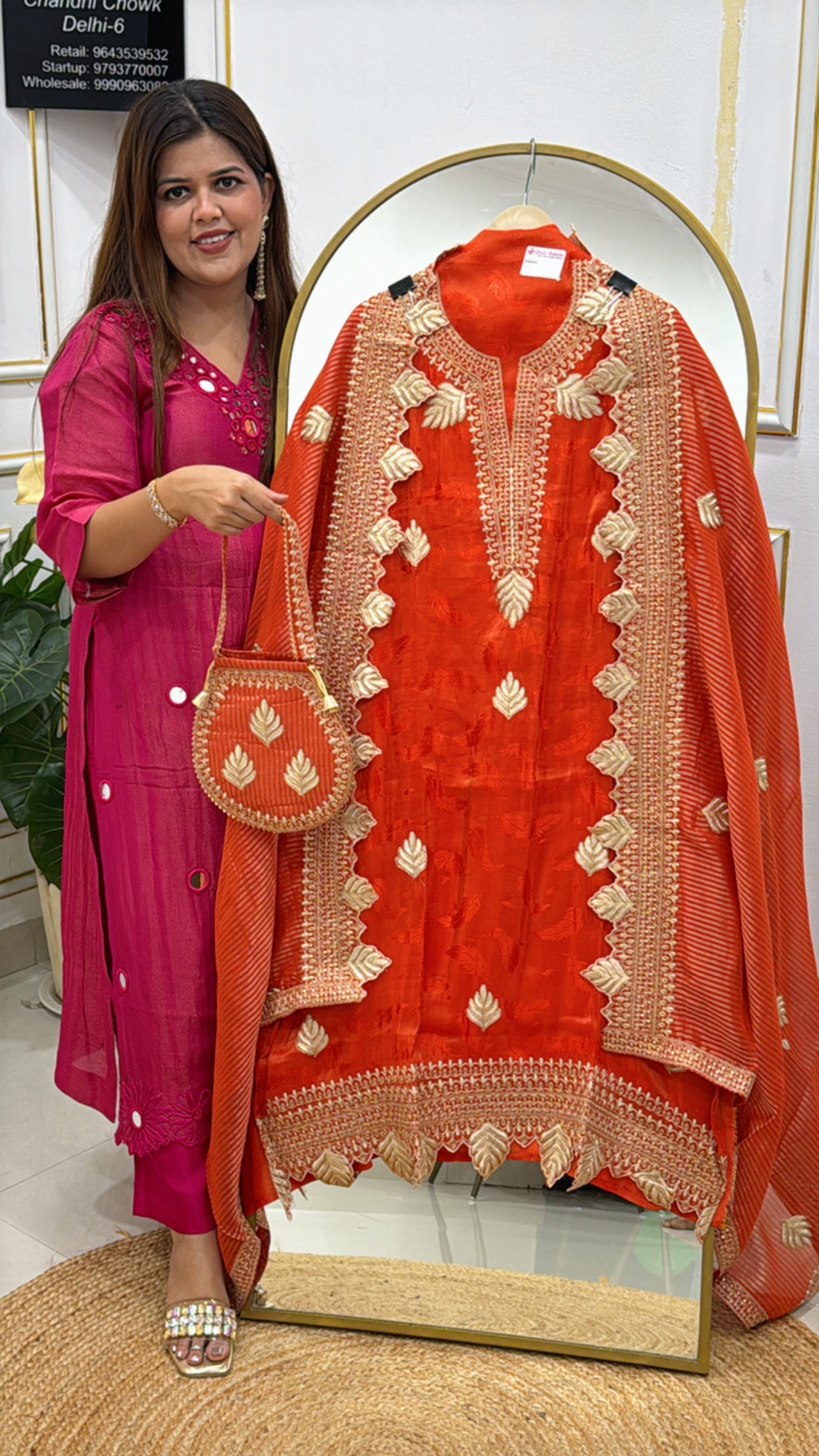 Best seller pure silk light weighted suit material with applique cut work dupatta along with potli GF490