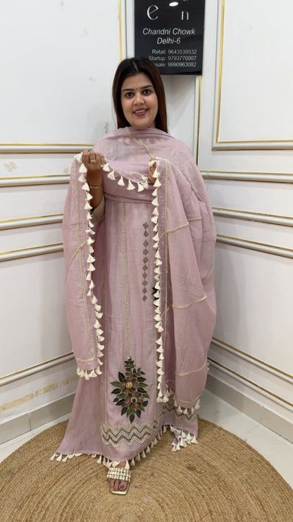 Ultra luxurious pure Mul Mul premium suit material with hand embroidery motif and stone embellishments along with bohemian look classy dupatta GF1145 LIGHT PURPLE