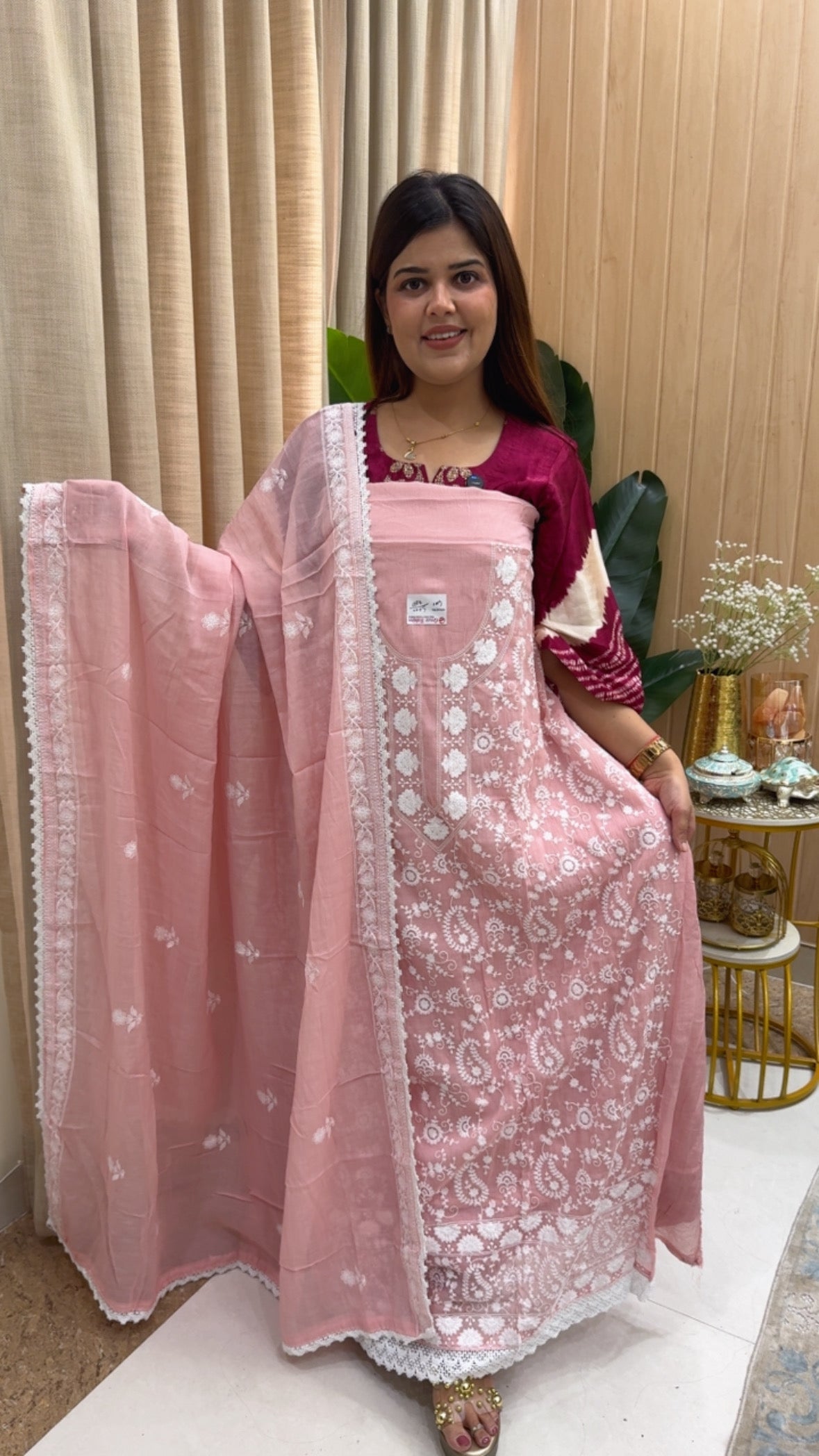 Pure cotton Mul Mul chikankari embroidery pure Summerish and stylish suit material with pure Mul Mul cotton embroidery dupatta GF1156 Blush Rose Pink
