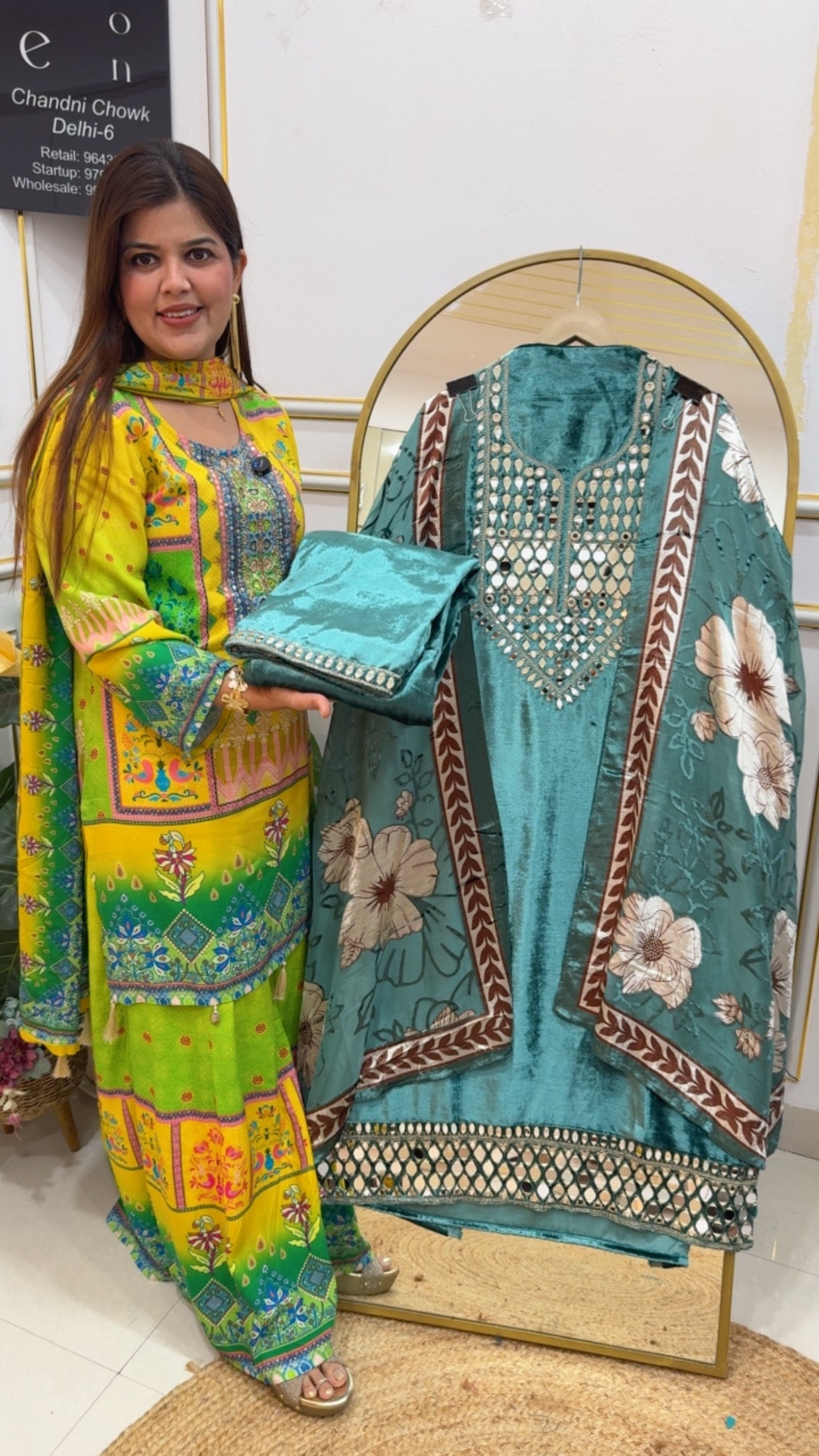 Mirror work special designer Partywear velvet suit material along with unique digital printed Brasso dupatta and pure mirror work bottom price GF798