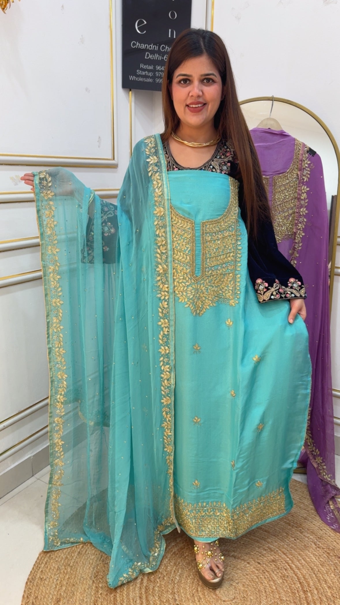 Handwork special partywear designer suit material with unique handwork detailing all over dupatta GF878