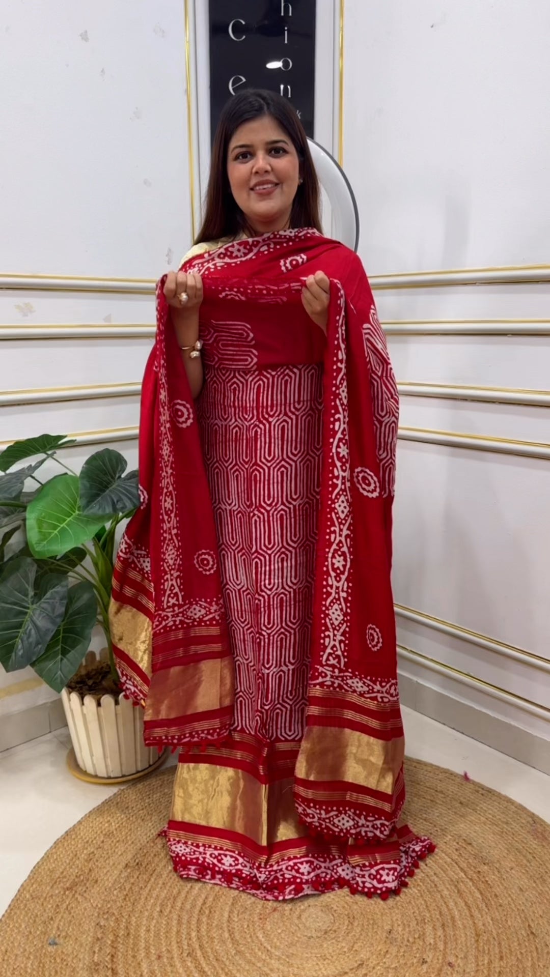 Summer special lakadpatti golden weaved border pure cotton printed suit material along with pure lakadpatti cotton dupatta GF1212 Red