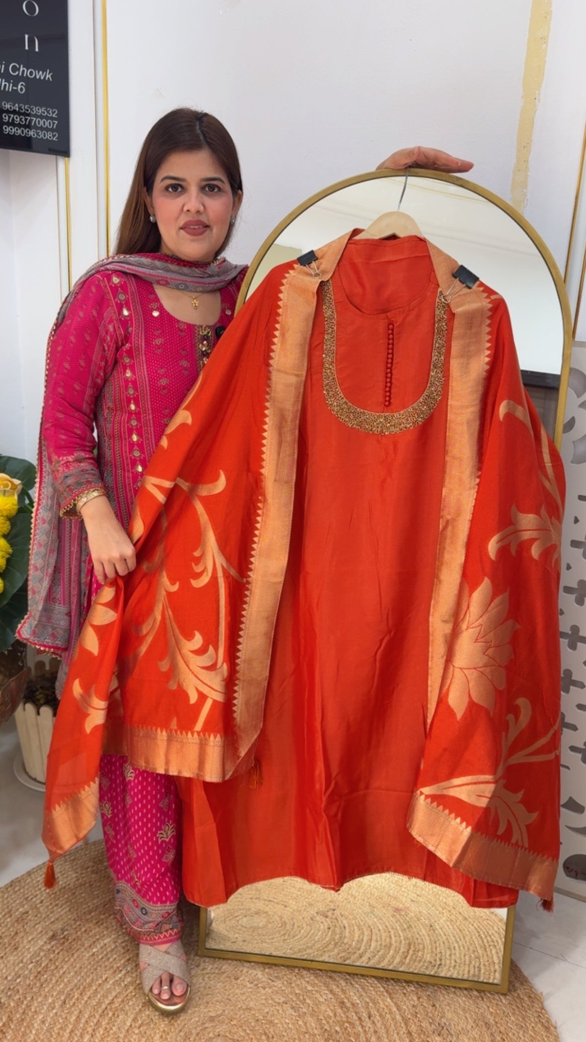 Semi partywear neck handwork shimmer suit material with weaved banarasi dupatta GF723