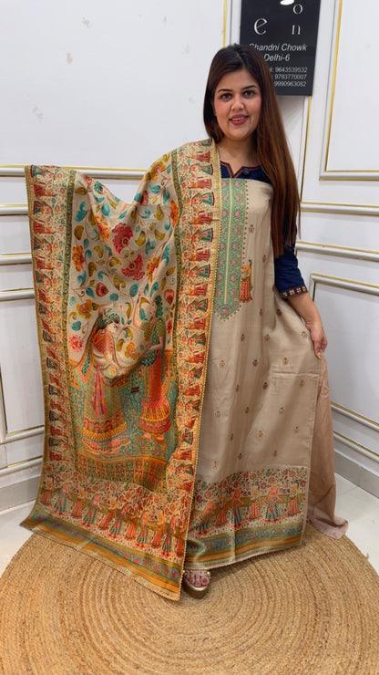 Pure silk kajivaram weaved super classy partywear royal suit material along with full gold weaved artwork dupatta GF1126 Beige