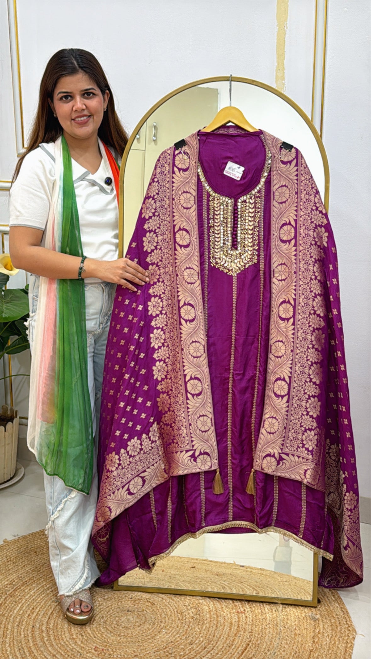 Pure Silk Zardozi Neck Suit with Weaved Banarasi Dupatta – Partywear Elegance GF 469