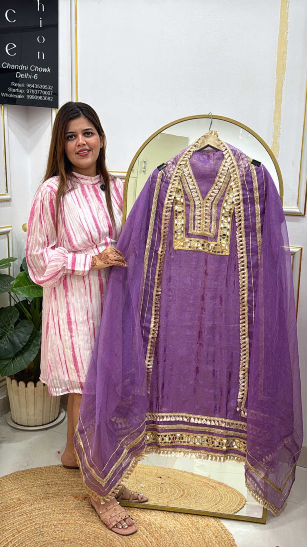 Pure Weaved Silk Suit with Mirror Neck Detailing &amp; Designer Organza Dupatta GF 410