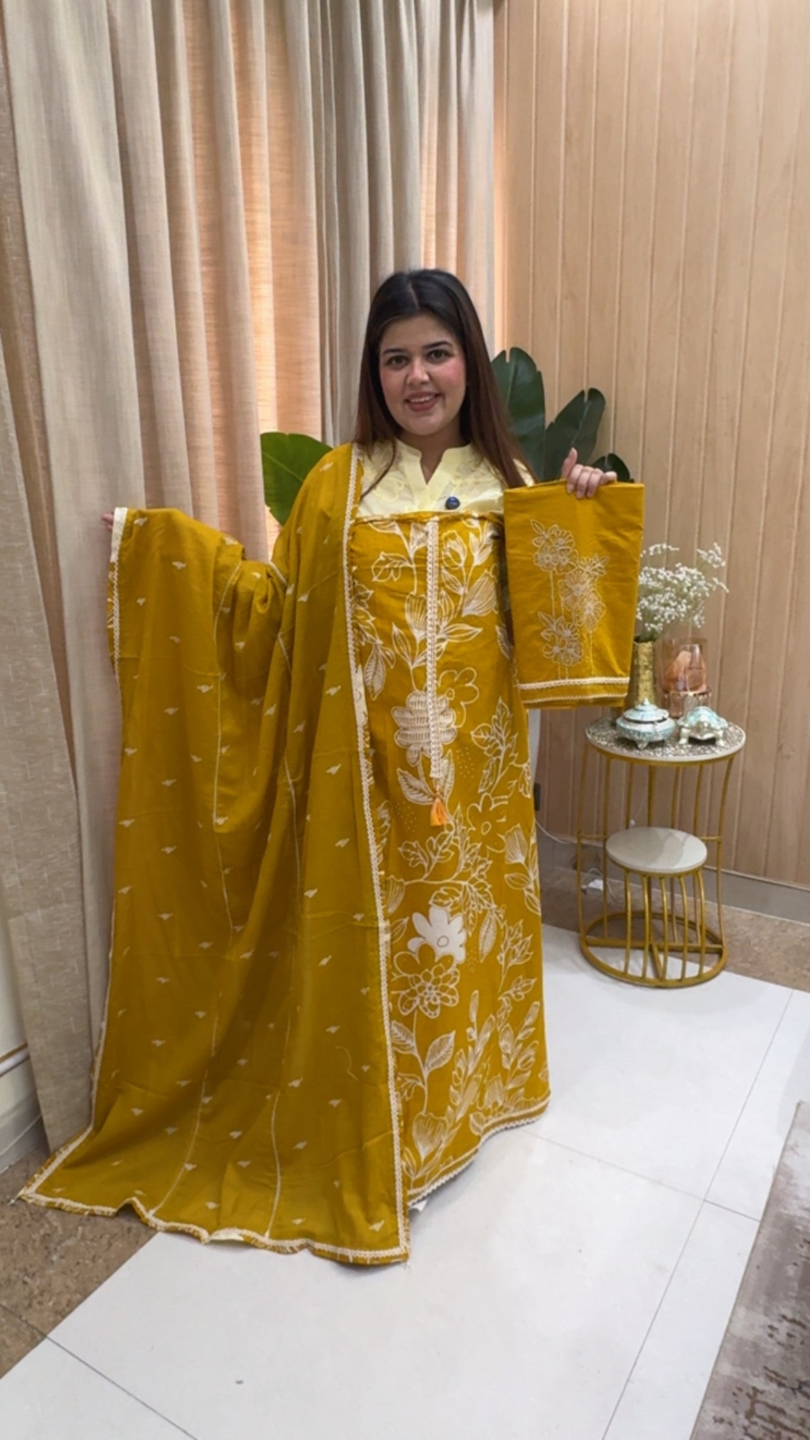 Pure cotton elegance front and back printed cotton suit material with cotton dupatta and bottom work gf1175 Musturd Yellow