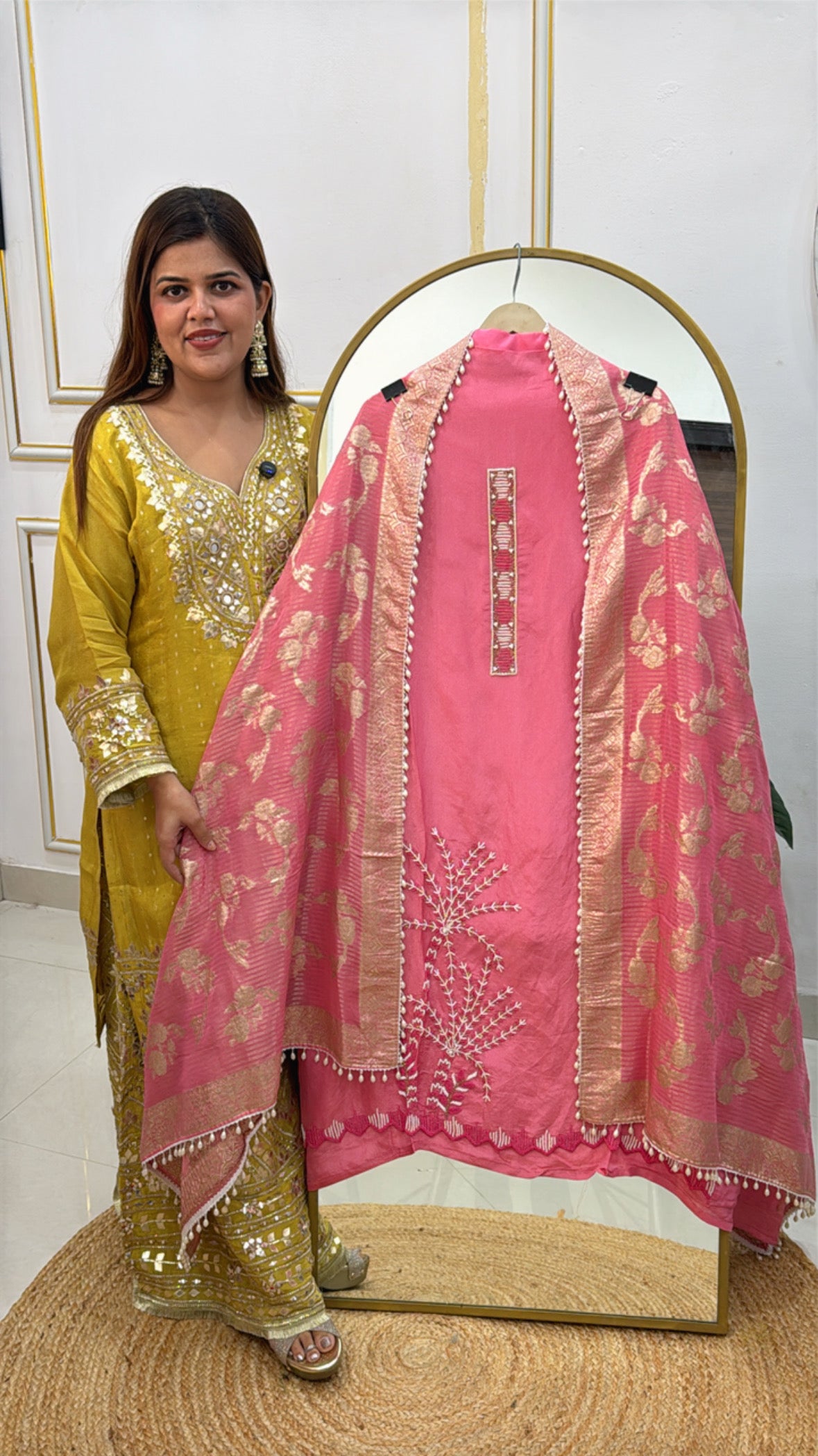 Designer pure shimmer silk suit material with unique handwork detailing along with heavy weaved silk dupatta GF484