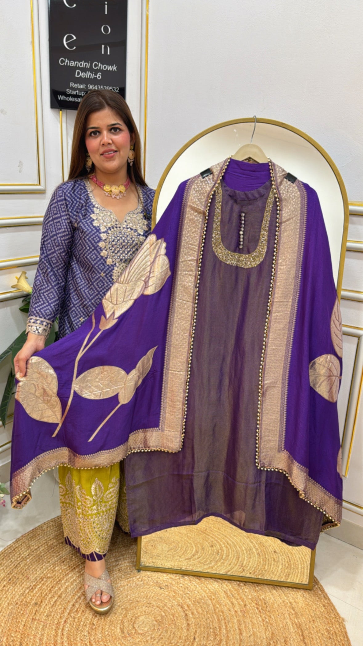 Karwa Chauth special best seller pure shimmer silk suit material with neck handwork along with fully weaved silk banarasi dupatta GF 646