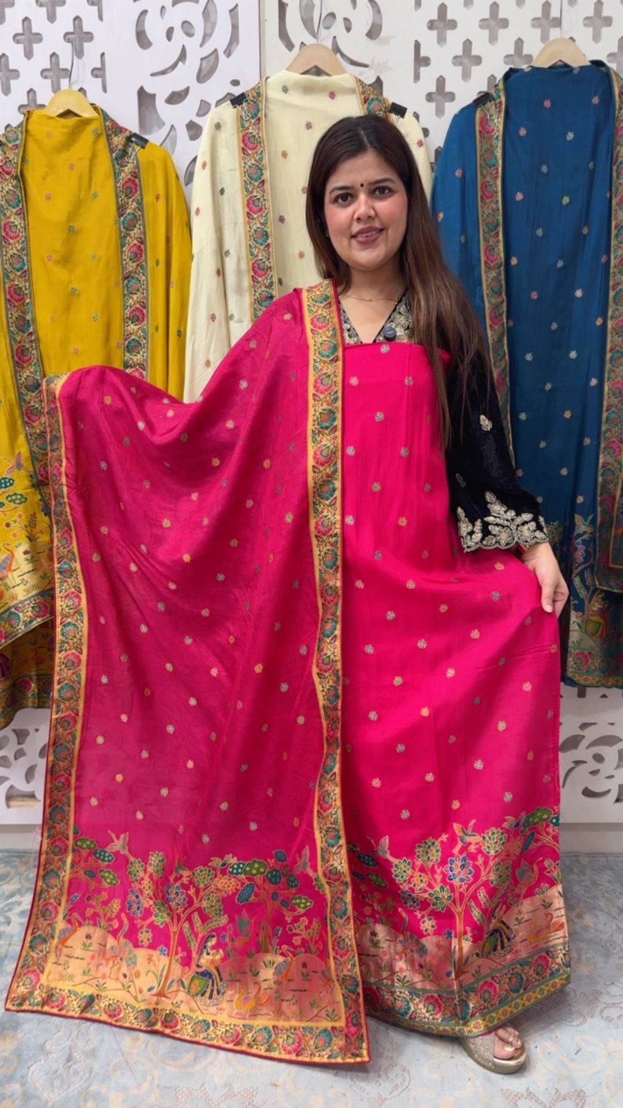 Premium pure Russian silk full gold weaved pichwai art designer silk suit material with weaved silk dupatta GF836