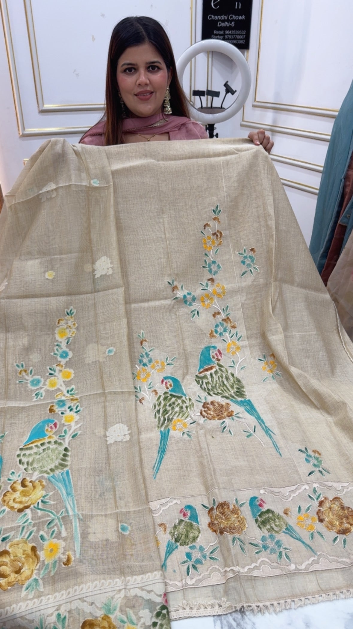 Latest and trending Moonga silk jamdhani latest embossed embroidery creation with unique weaved dupatta GF1201 Beige with Blue