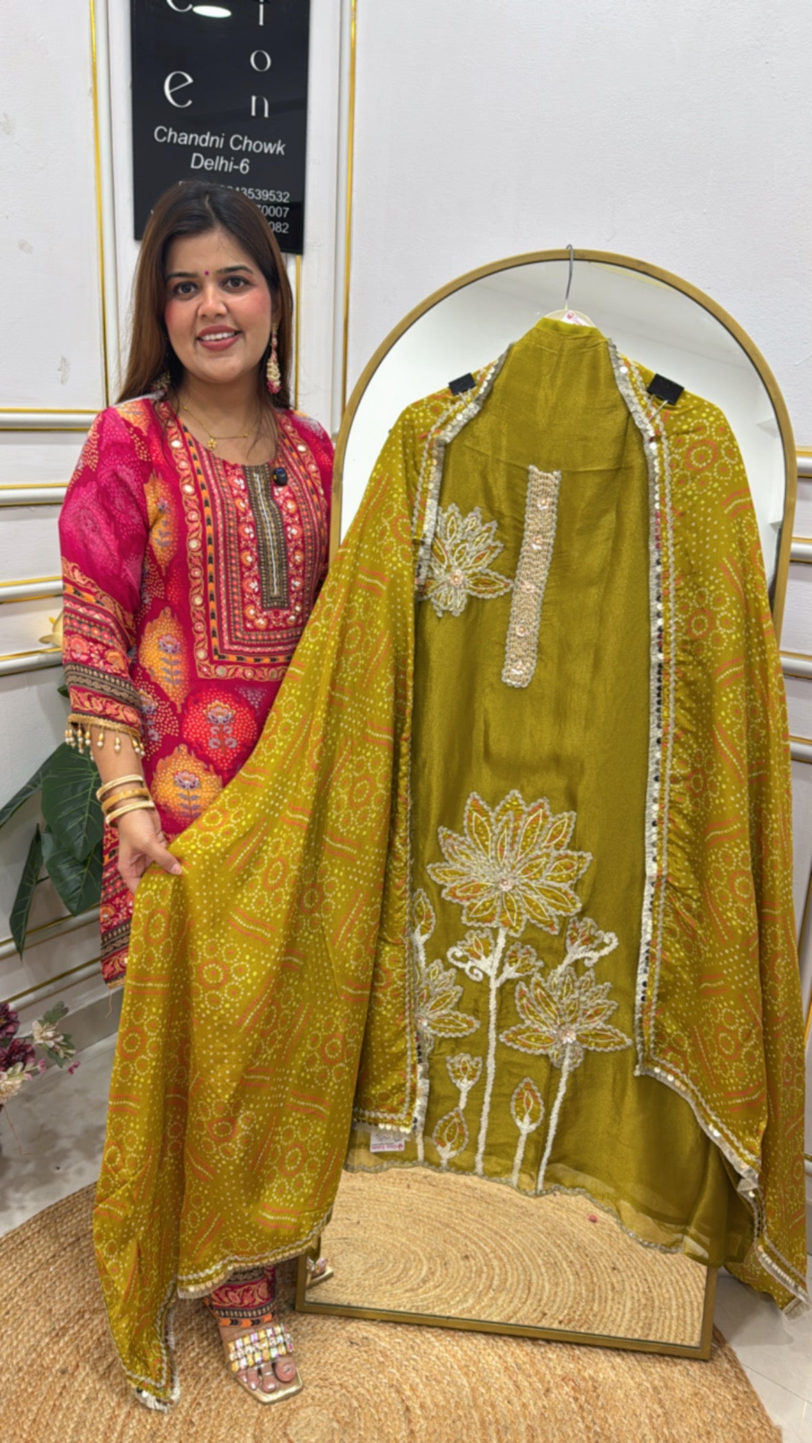 Festive special designer applique work shimmer silk partywear suit material with bandhani gajji silk dupatta GF632