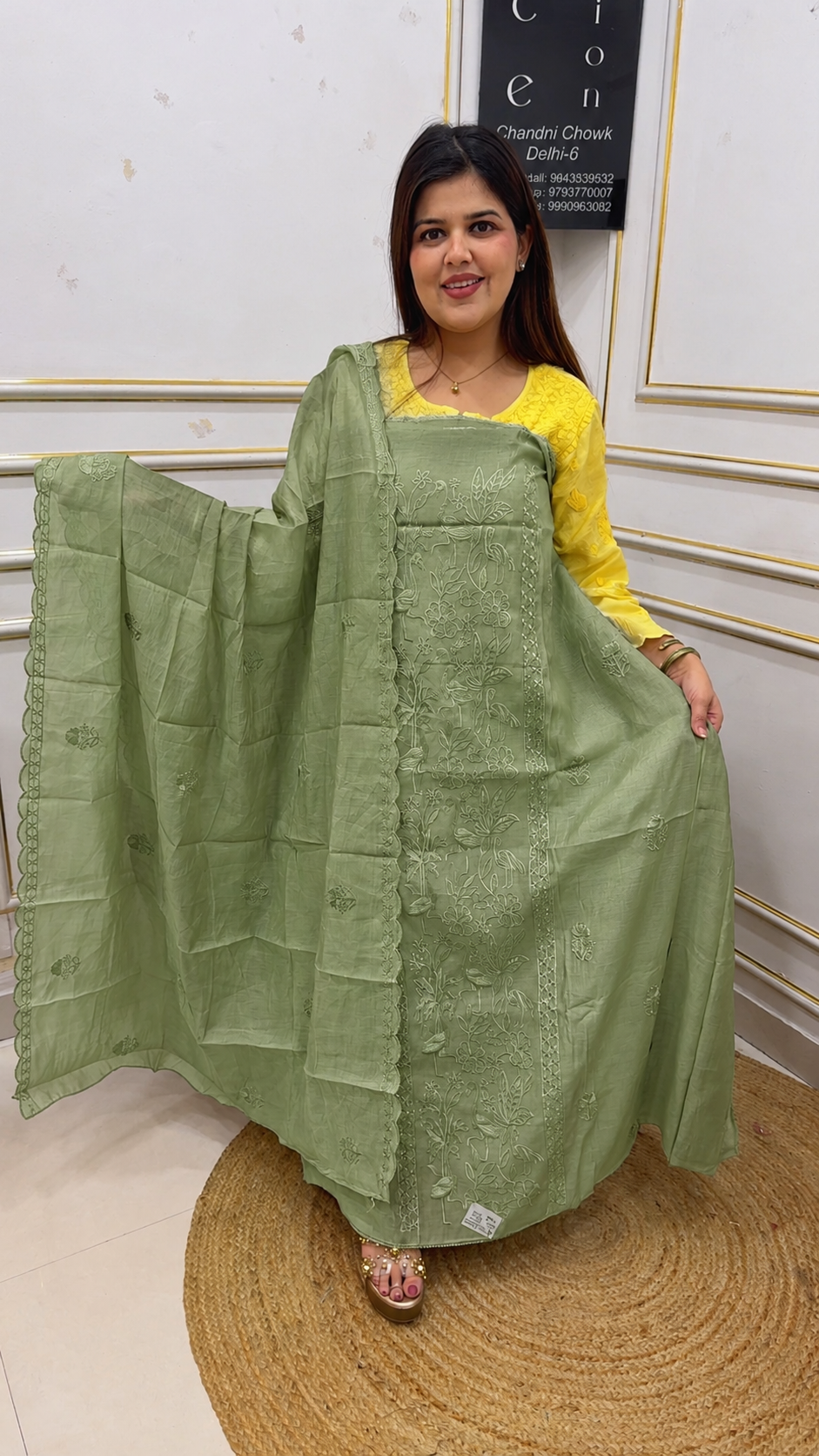 Summer special cotton Mul full flamingo embroidery detailing suit material along with full dupatta work gf1203 Green