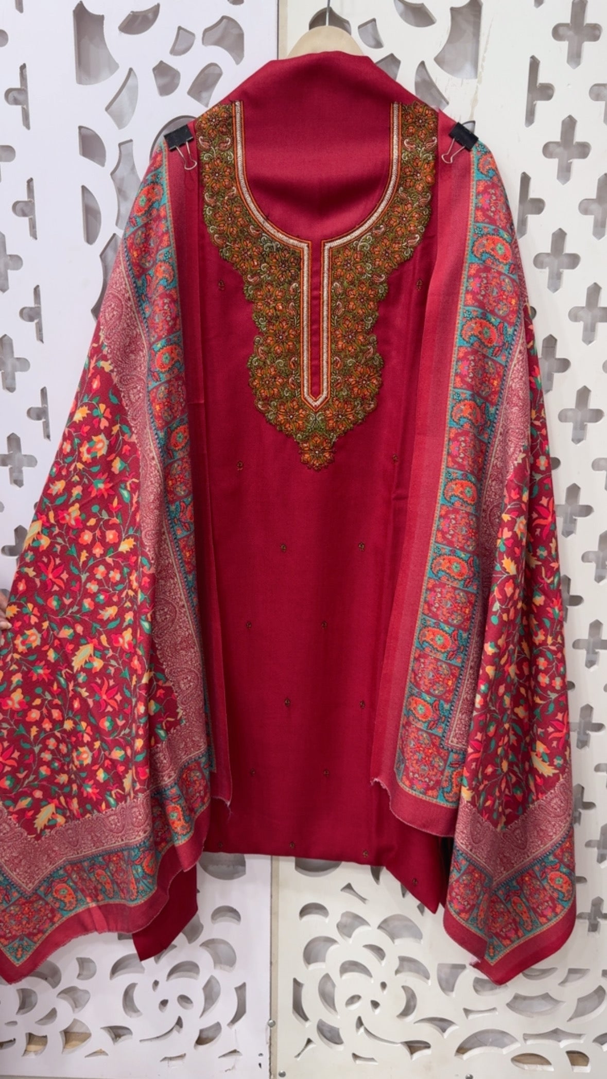 Kashmiri pashmina embroidered suit material with pashmina shawl and pashmina bottom GF808