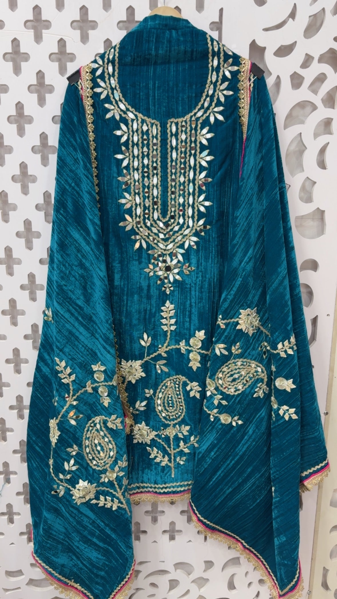 Wedding style partywear velvet suit material full manual handwork mirror leather patch and Gota over crushed velvet along with heavy work velvet dupatta GF825