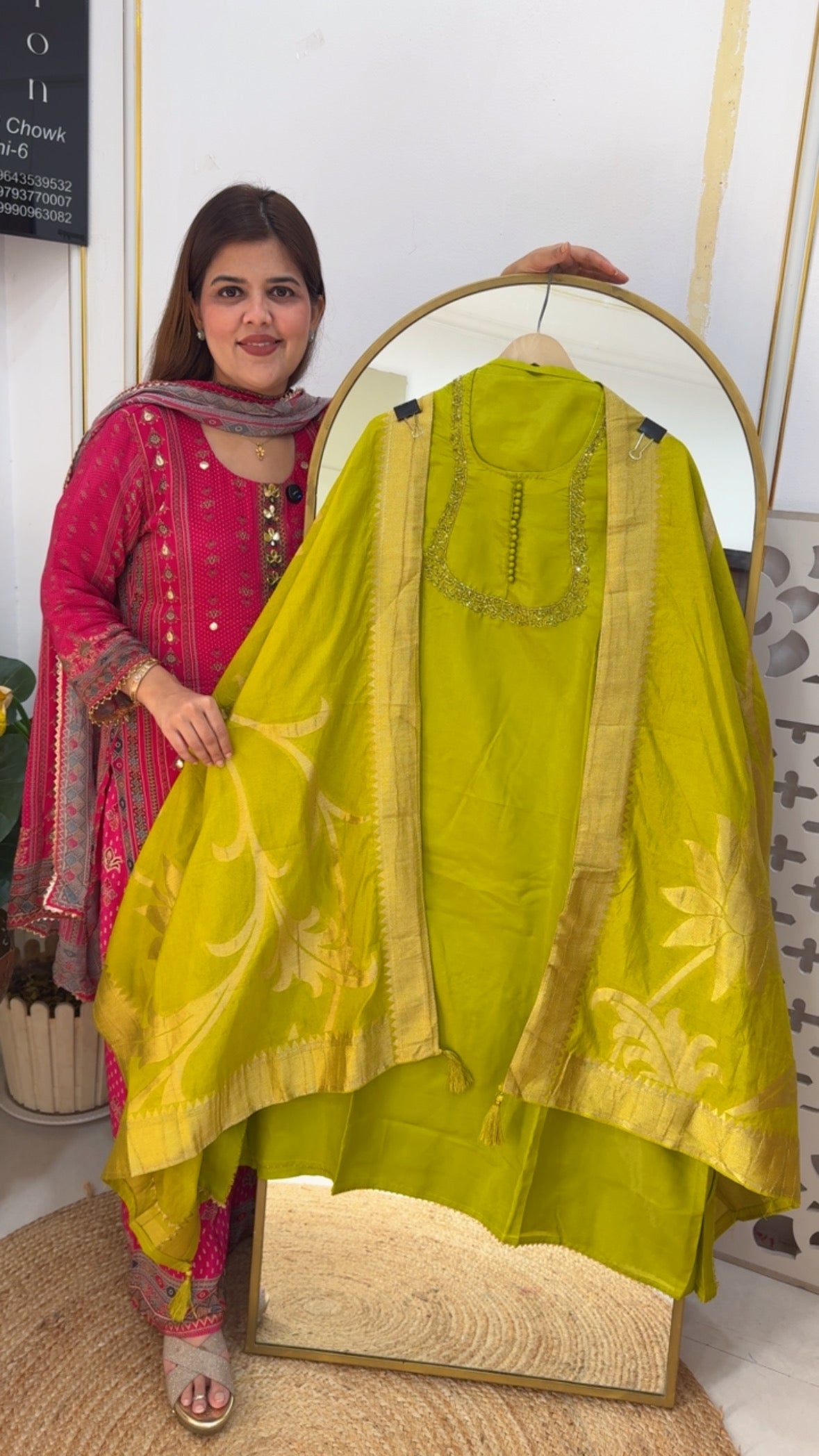 Semi partywear neck handwork shimmer suit material with weaved banarasi dupatta GF723