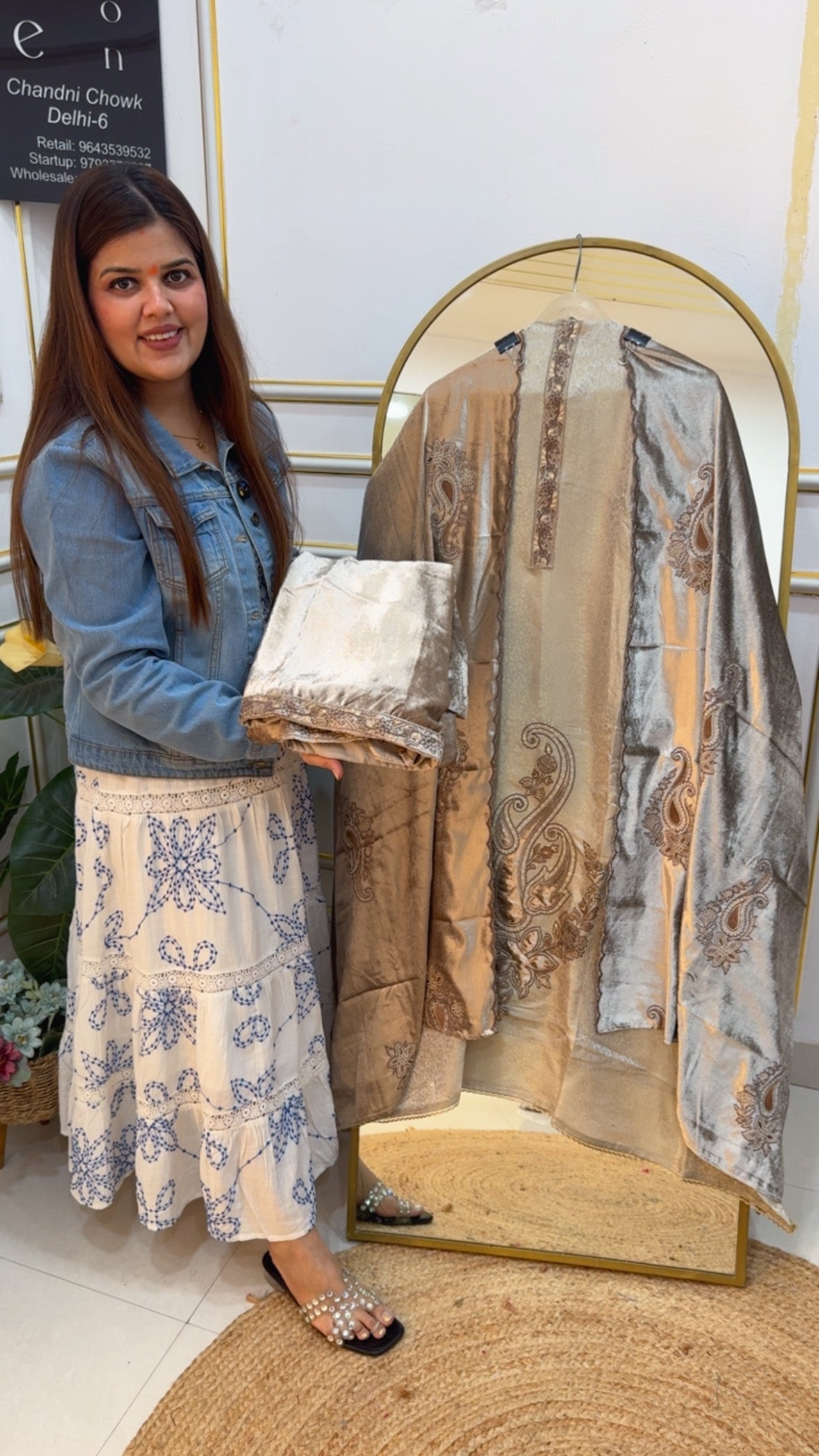 Premium and luxurious Brasso celebrity look suit material with all over applique work along with luxurious velvet dupatta and premium velvet bottom GF795