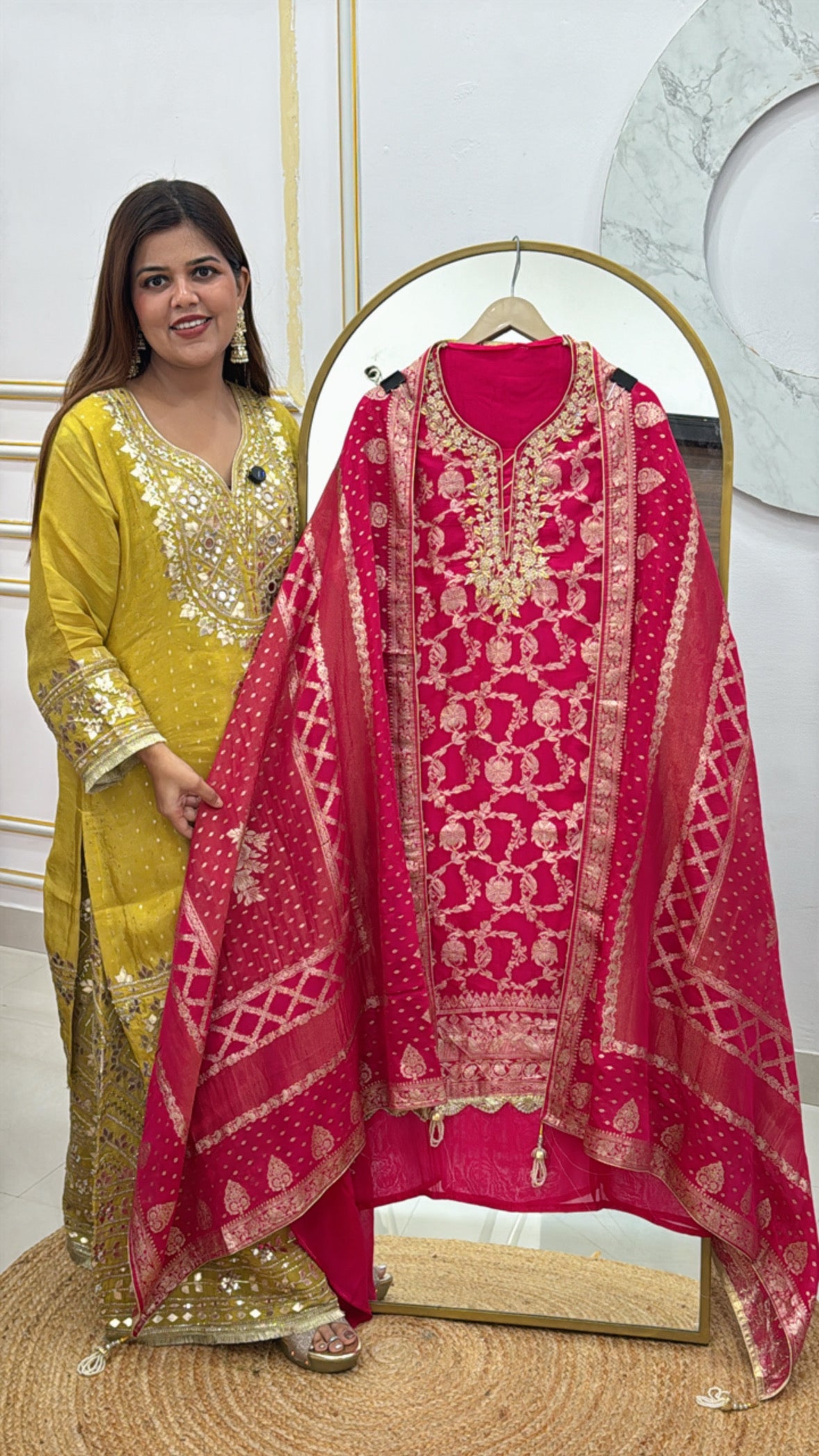 Wedding special partywear full weaved work organza silk shirt with handwork neck along with full length pure weaved dupatta GF479