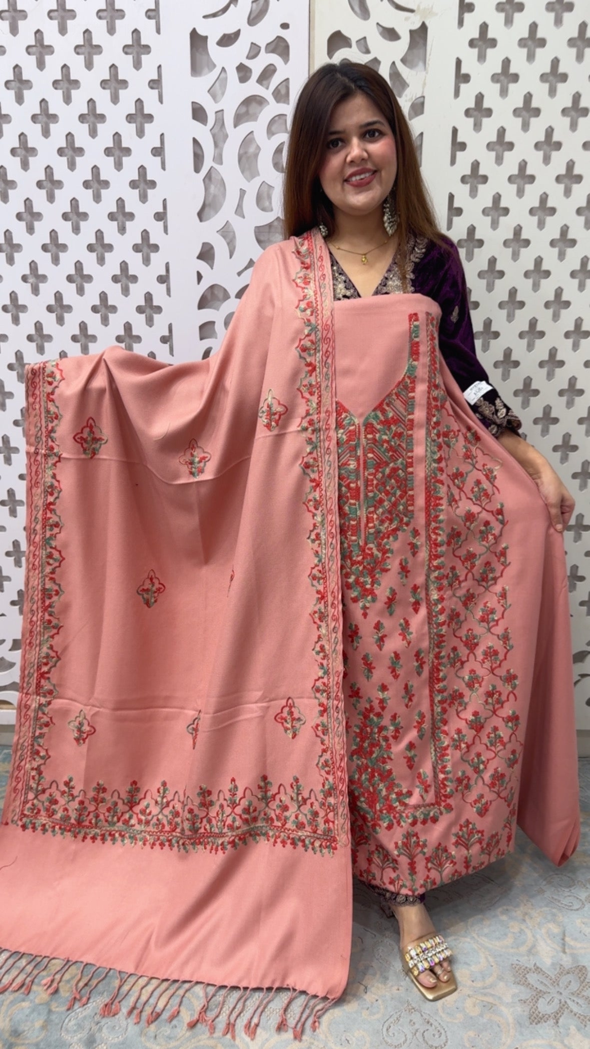 Super elegant and pure full embroidery Kashmir pashmina suit with full embroidery Kashmiri pashmina shawls and embroidered pashmina bottom GF837
