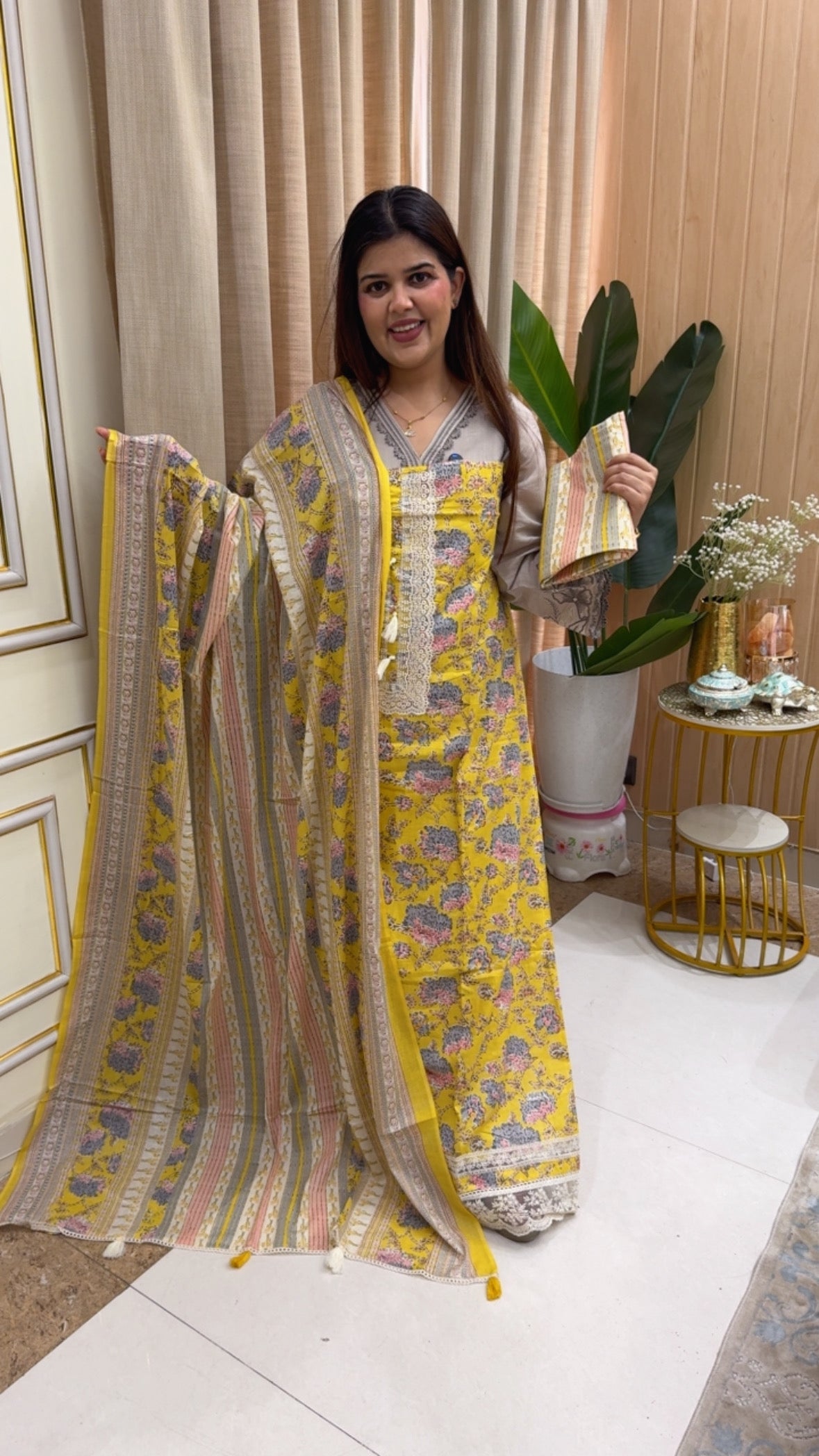 Pure cotton printed casual designer printed suit material with laces work along with printed dupatta and printed bottom gf1164 Yellow