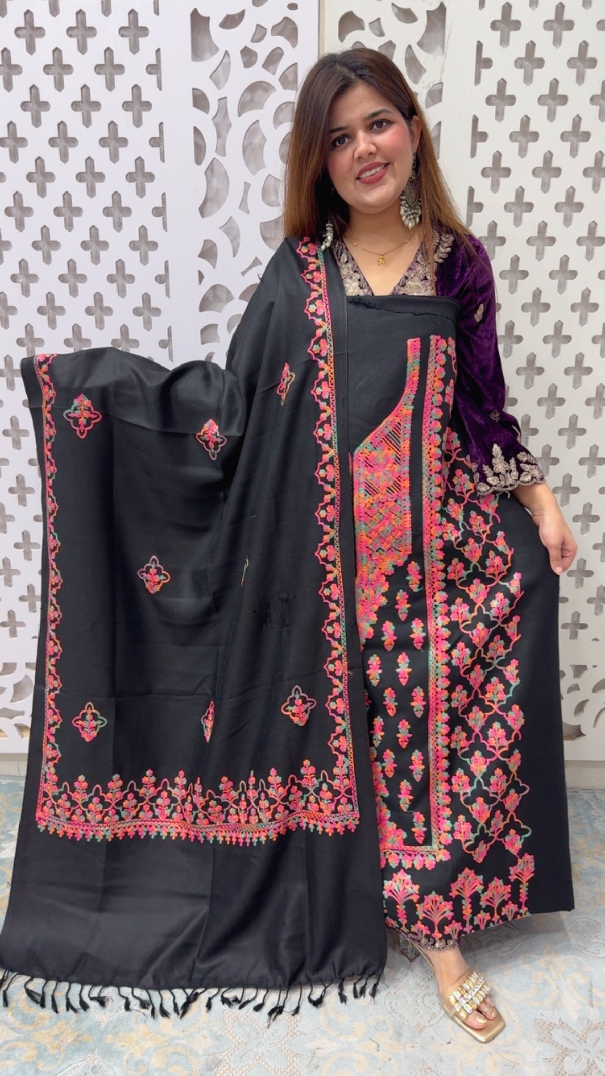 Super elegant and pure full embroidery Kashmir pashmina suit with full embroidery Kashmiri pashmina shawls and embroidered pashmina bottom GF837