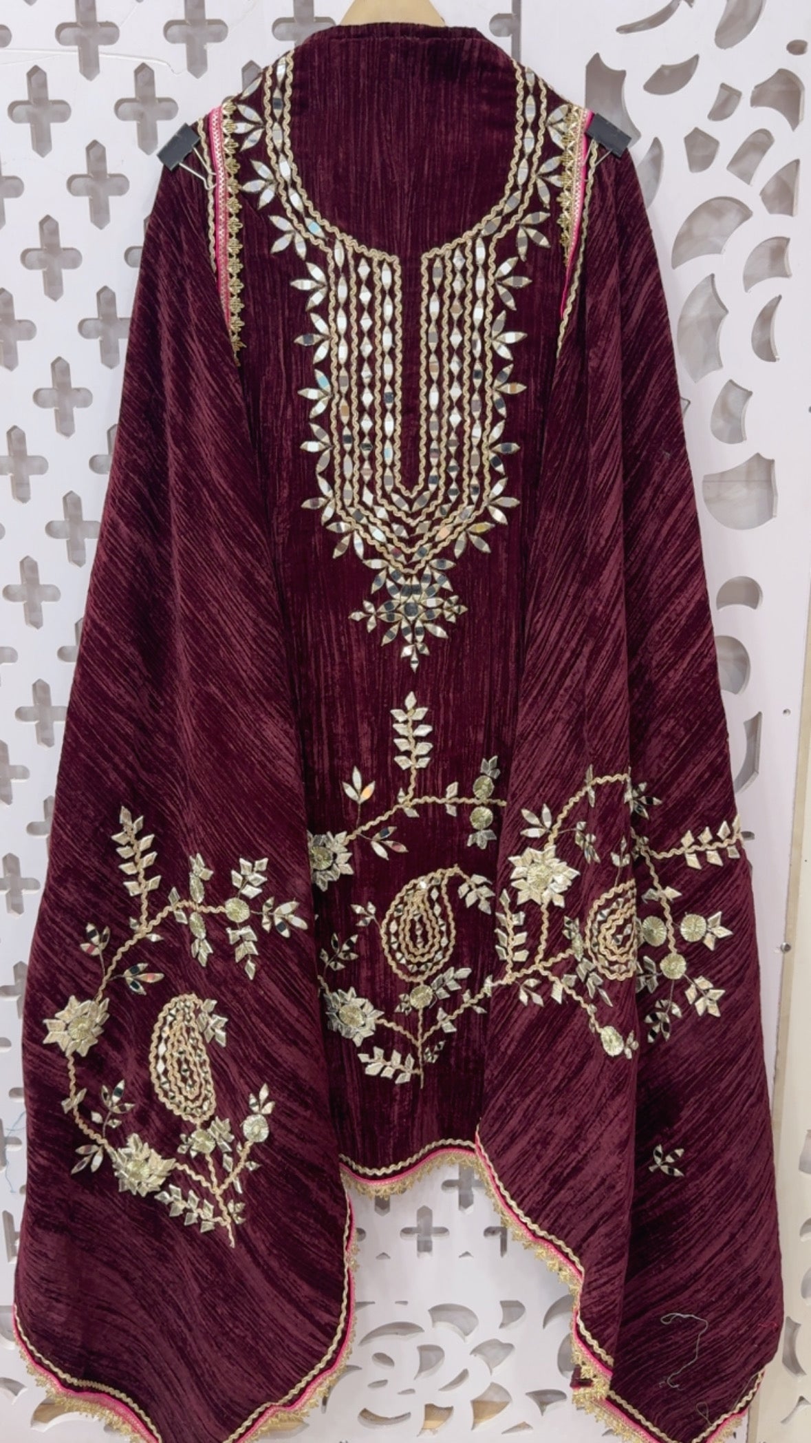 Wedding style partywear velvet suit material full manual handwork mirror leather patch and Gota over crushed velvet along with heavy work velvet dupatta GF825